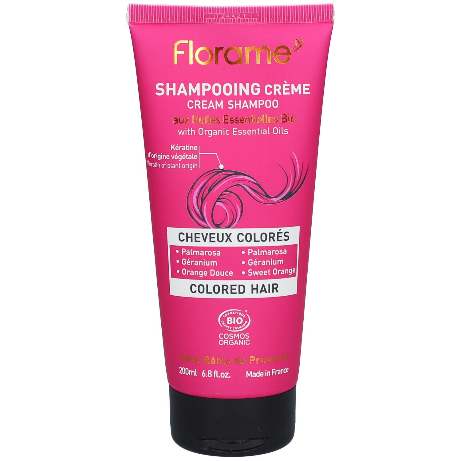 Tubo rosa Florame, shampoo crema per capelli colorati. Oli essenziali bio. Certificazione Cosmos Organic.