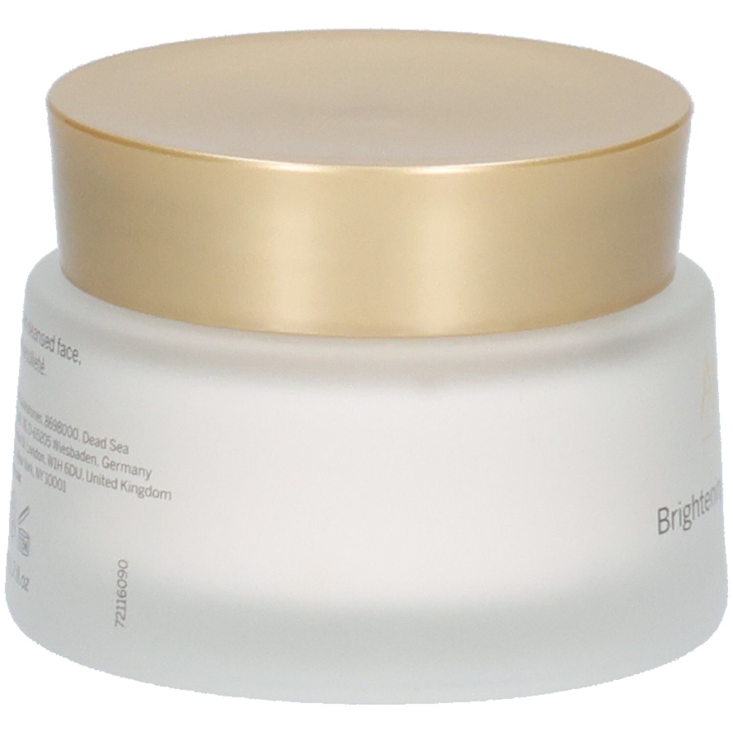 Vasetto di crema con coperchio dorato. Scritta AHAVA. Retro con testo. Vetro bianco smerigliato.