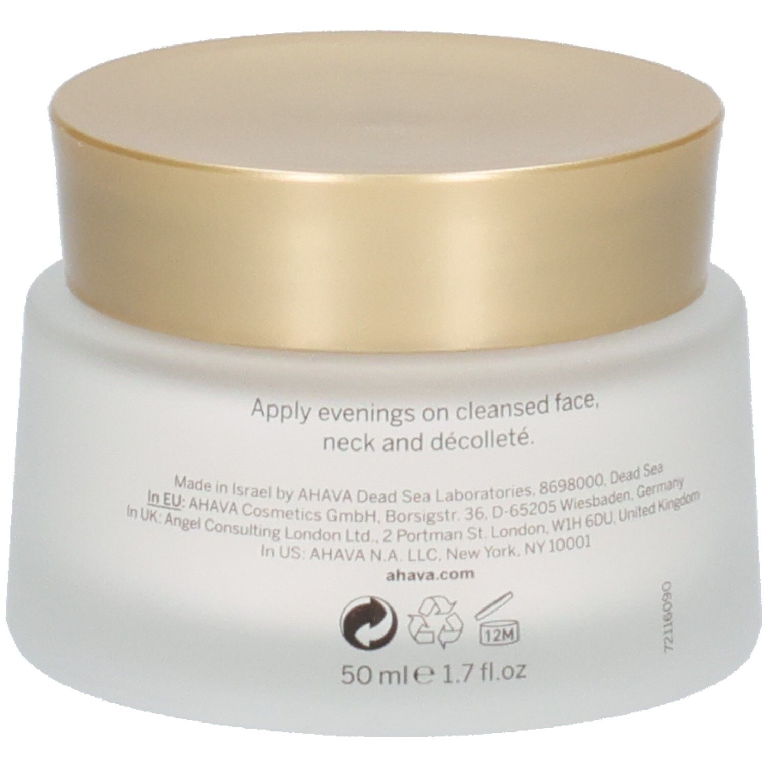 Vasetto di crema con coperchio dorato. Scritta AHAVA. Retro con testo e loghi. Vetro bianco smerigliato.