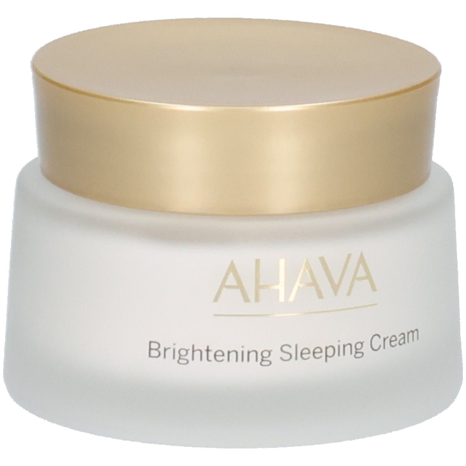 Vasetto di crema con coperchio dorato. Scritta AHAVA e Brightening Sleeping Cream. Vetro bianco smerigliato.