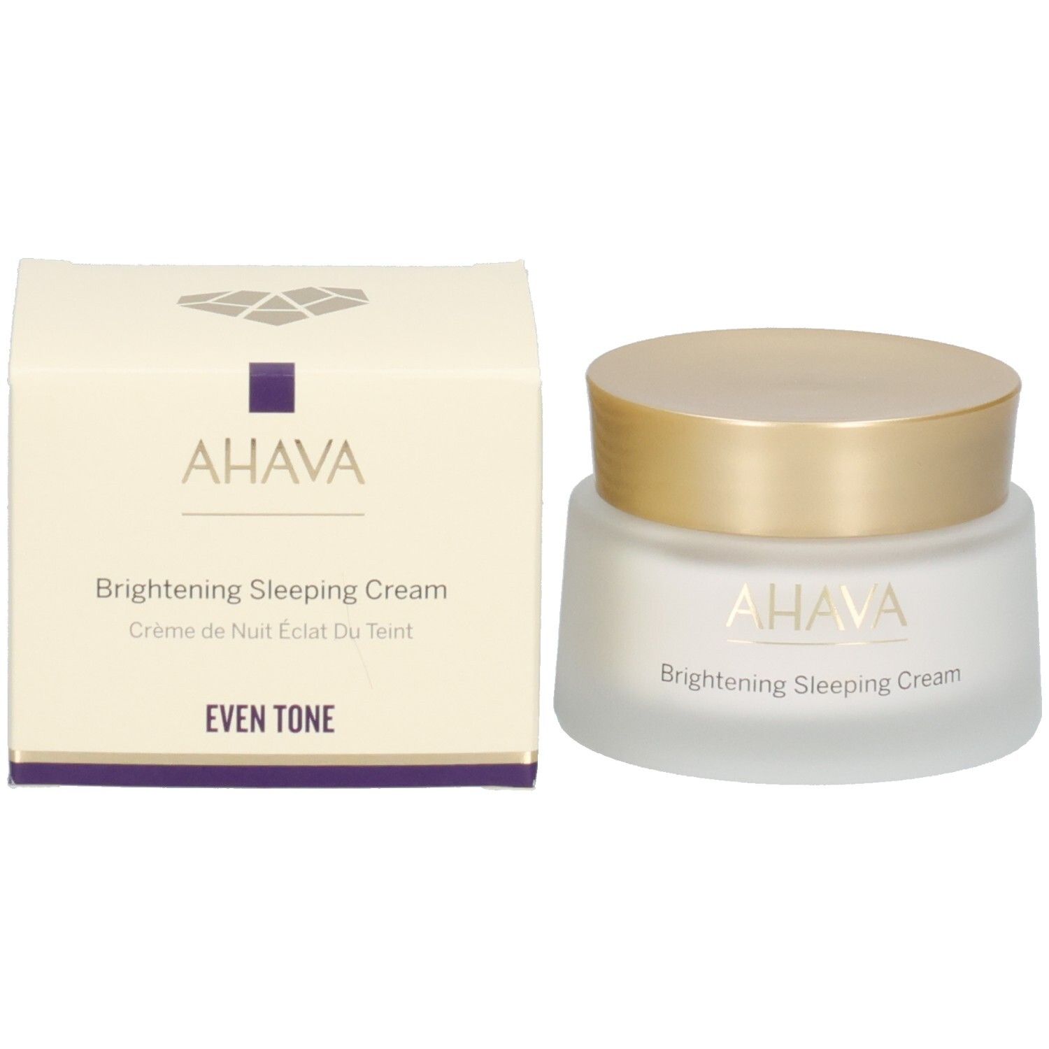 Vasetto di crema e scatola. Scritta AHAVA, Brightening Sleeping Cream. Vetro bianco smerigliato.
