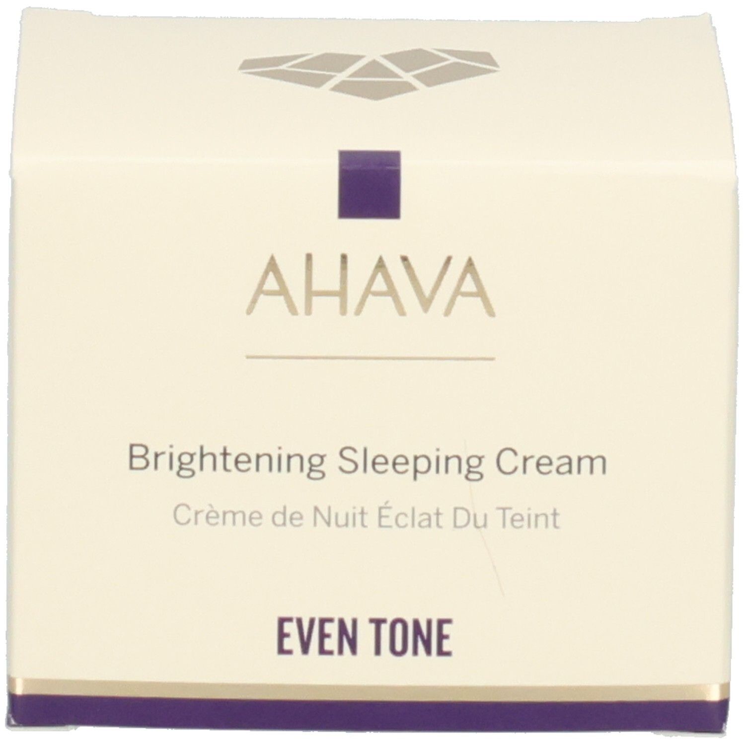 Scatola con scritta AHAVA, Brightening Sleeping Cream. Bianco con accenti viola.