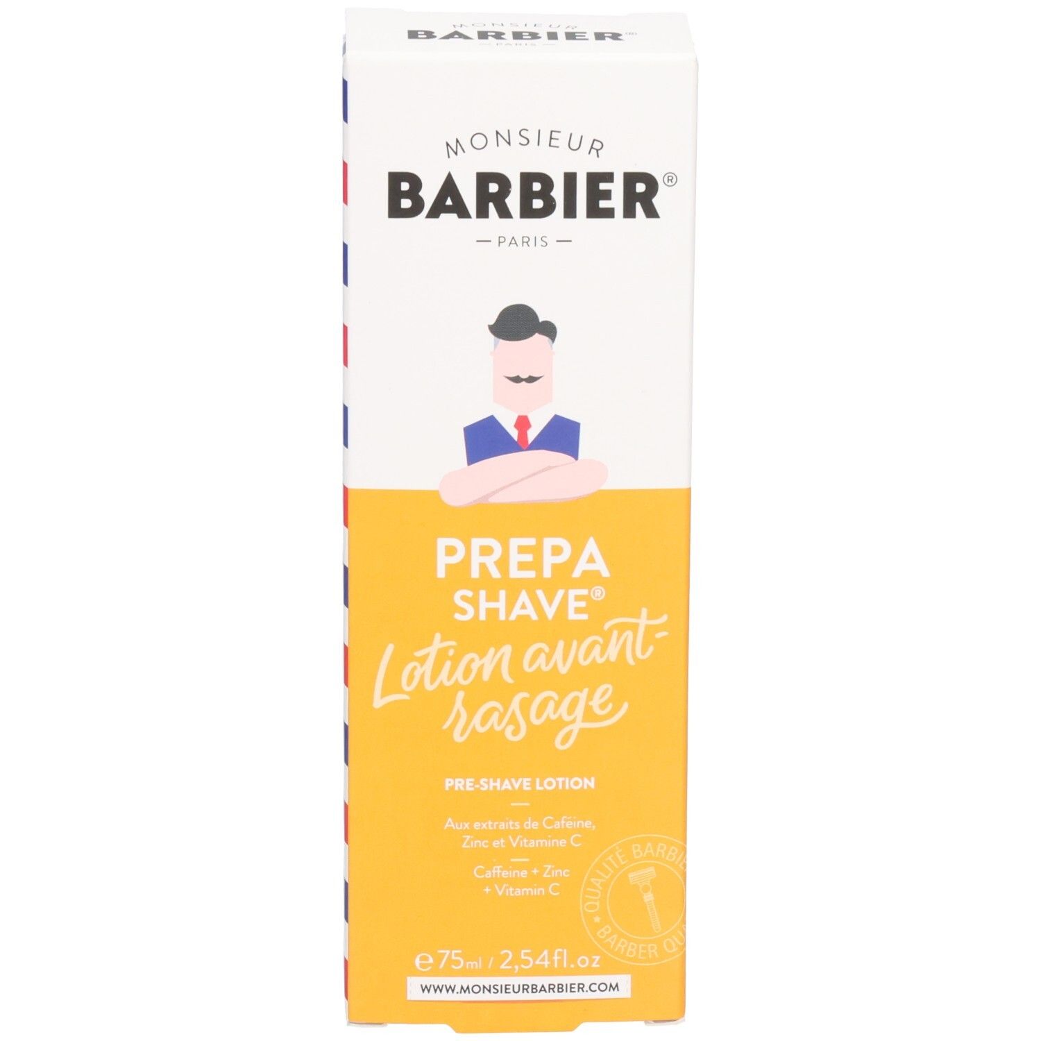 Scatola gialla PREPA SHAVE Lotion avant rasage. Logo Monsieur BARBIER. Contiene caffeina, zinco e vitamina C. Scritto: Pre-Shave Lotion.