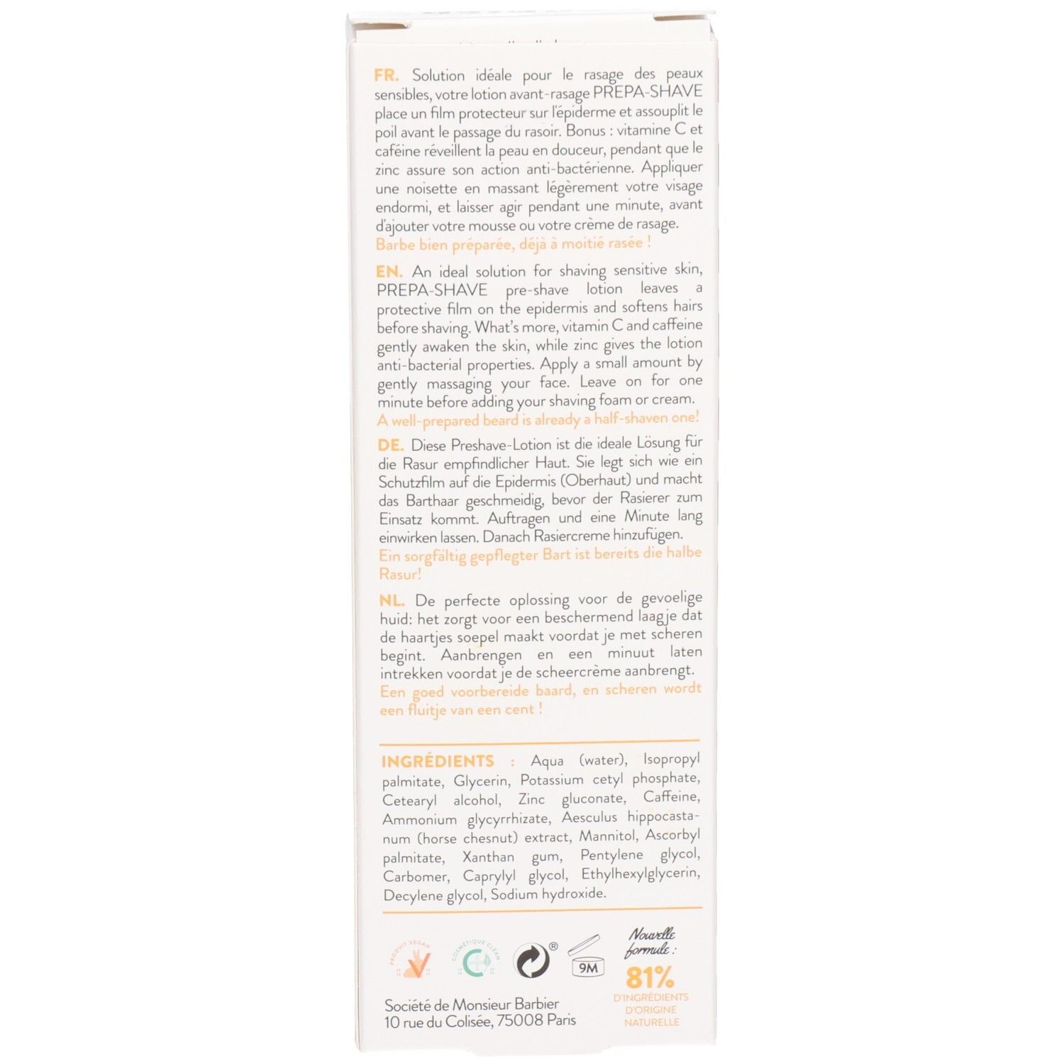 Retro della scatola con testo in inglese, tedesco, francese e olandese. Ingredienti e certificazioni visibili.