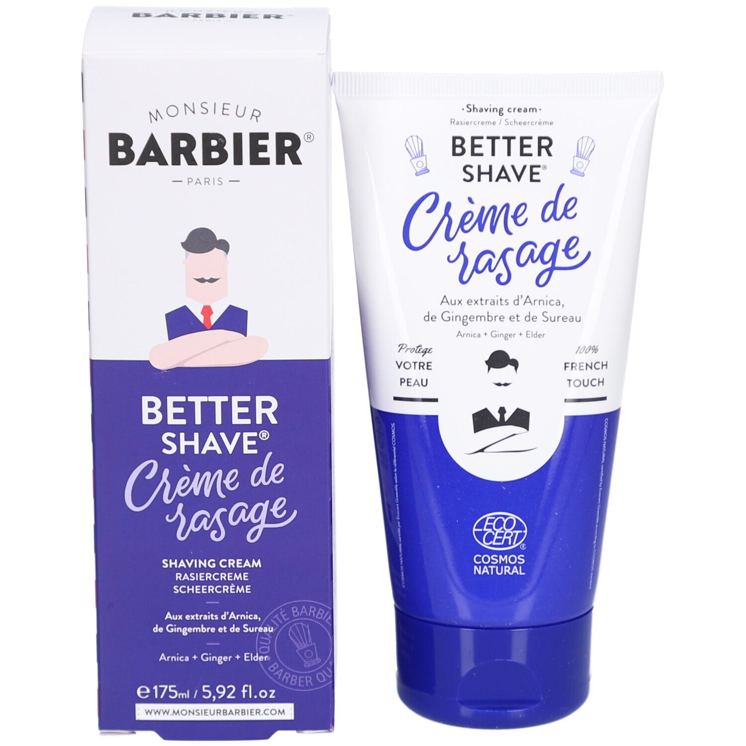 Prodotto e confezione. Scatola Monsieur BARBIER e tubo Better Shave Crème de rasage. Contiene Arnica, Zenzero e Sambuco. 175ml.
