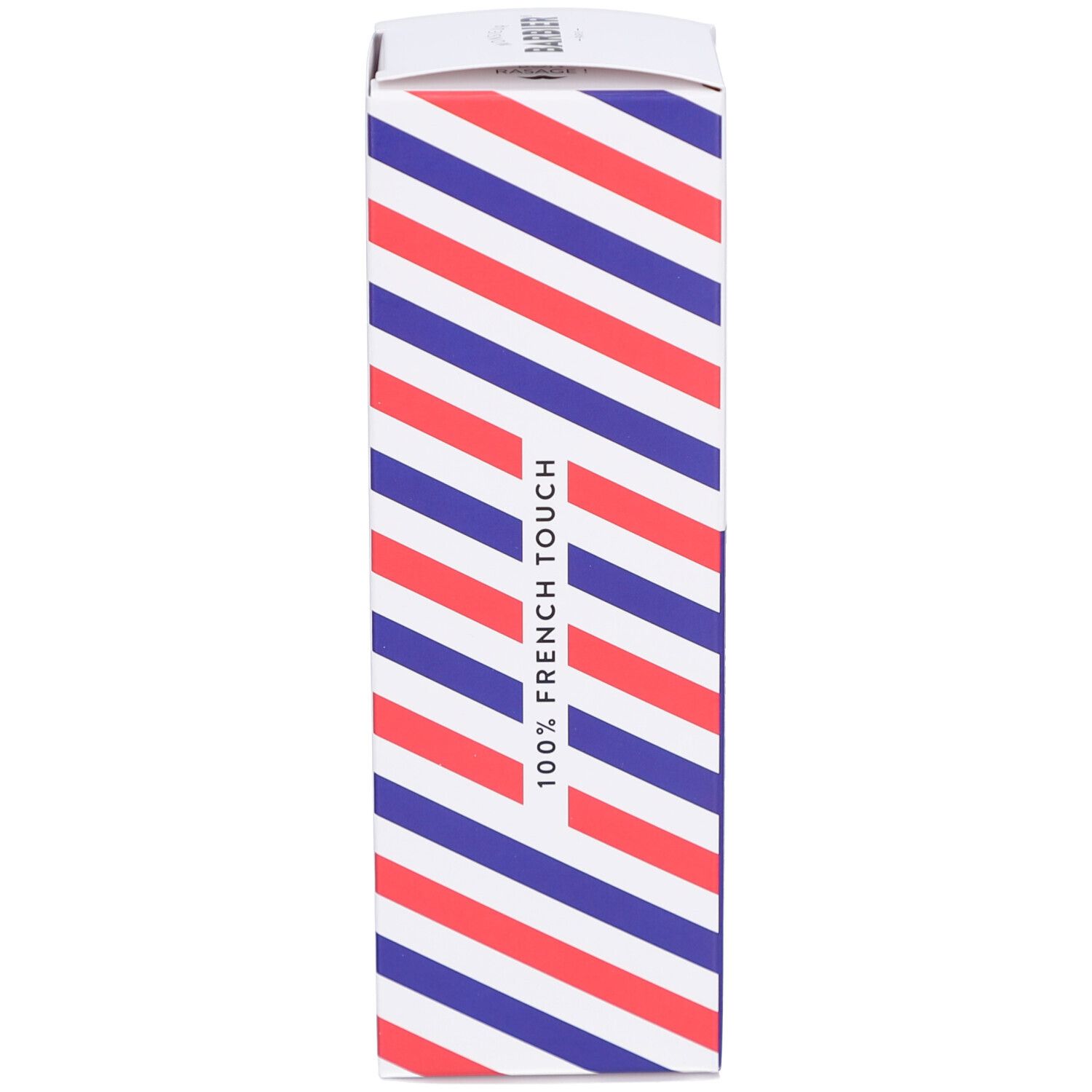 Confezione. Scatola Monsieur BARBIER. Strisce rosse e blu. Scritta: 100% French Touch.