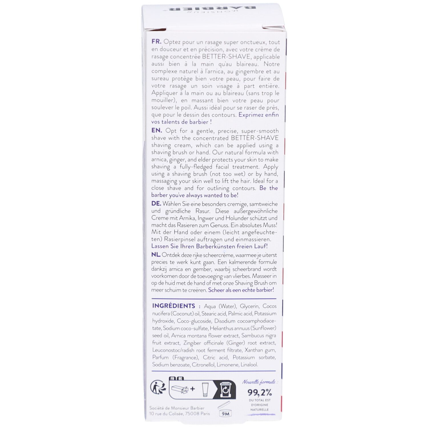 Retro della confezione. Testo multilingue. Informazioni sull'uso e sugli ingredienti. Vegano, cruelty-free.