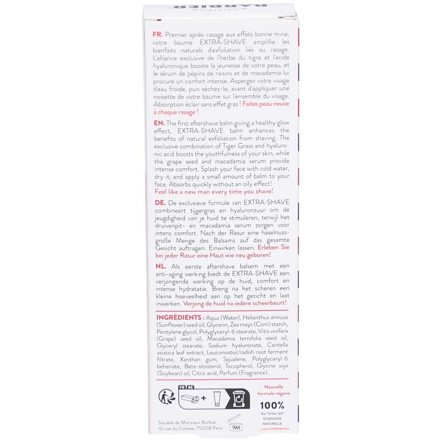 Retro della confezione di cartone. Testo multilingue. Ingredienti. Logo: Monsieur BARBIER. Certificazione: COSMOS NATURAL.
