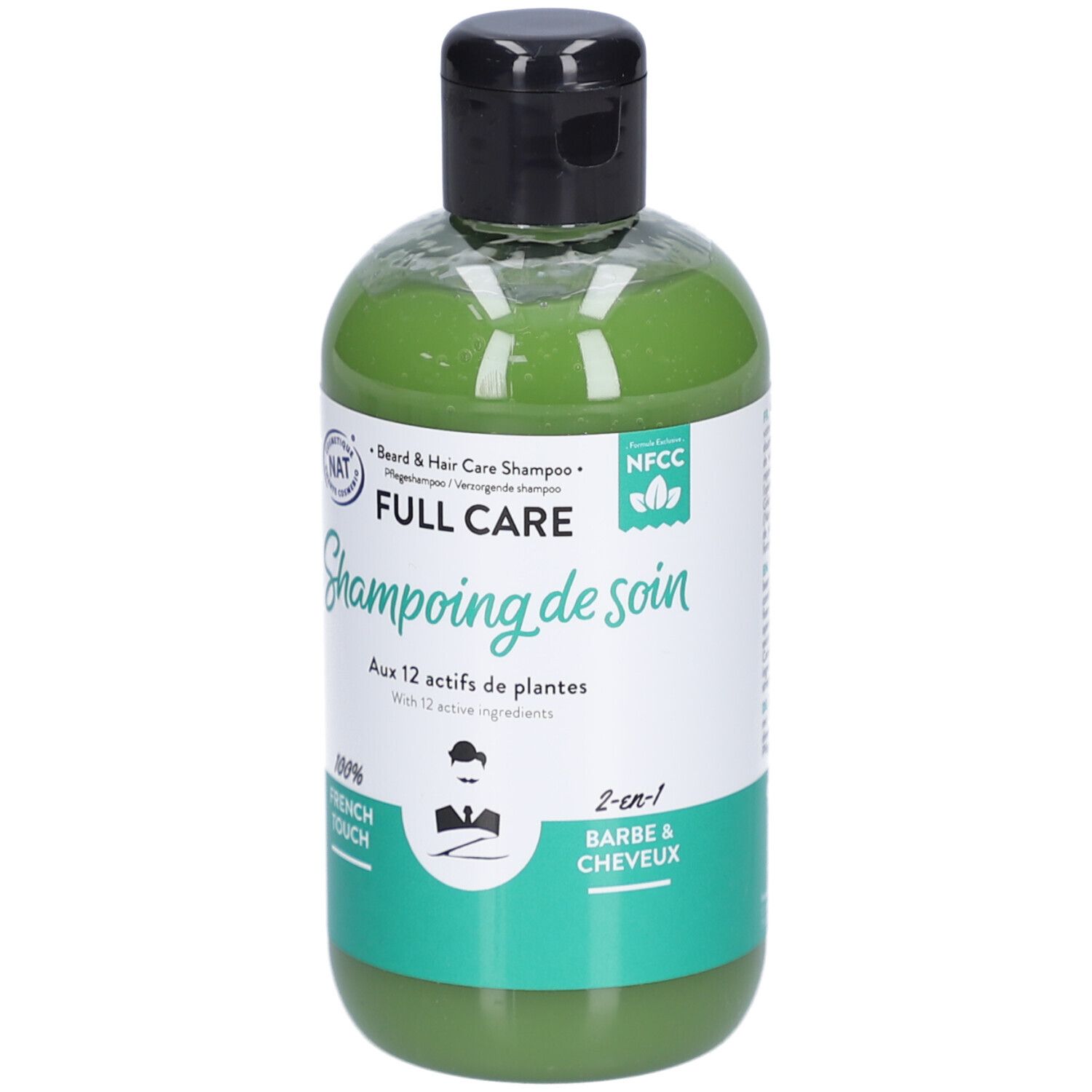 Shampoo verde in flacone trasparente con tappo nero. Scritta: FULL CARE, 2-in-1 Shampoo barba e capelli.
