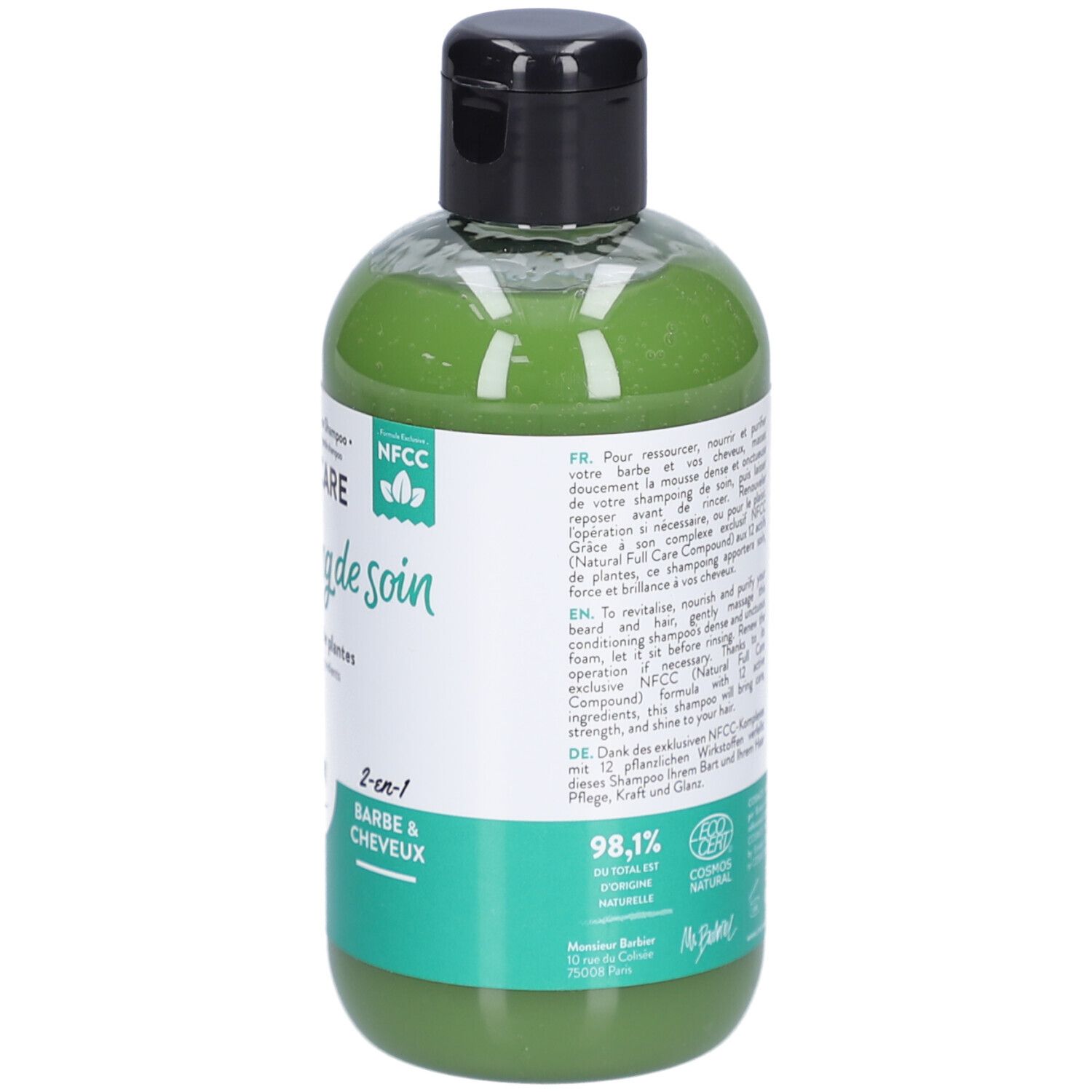 Retro del flacone di shampoo. Testo con ingredienti e istruzioni per l'uso. Certificazioni. 98,1% naturale.