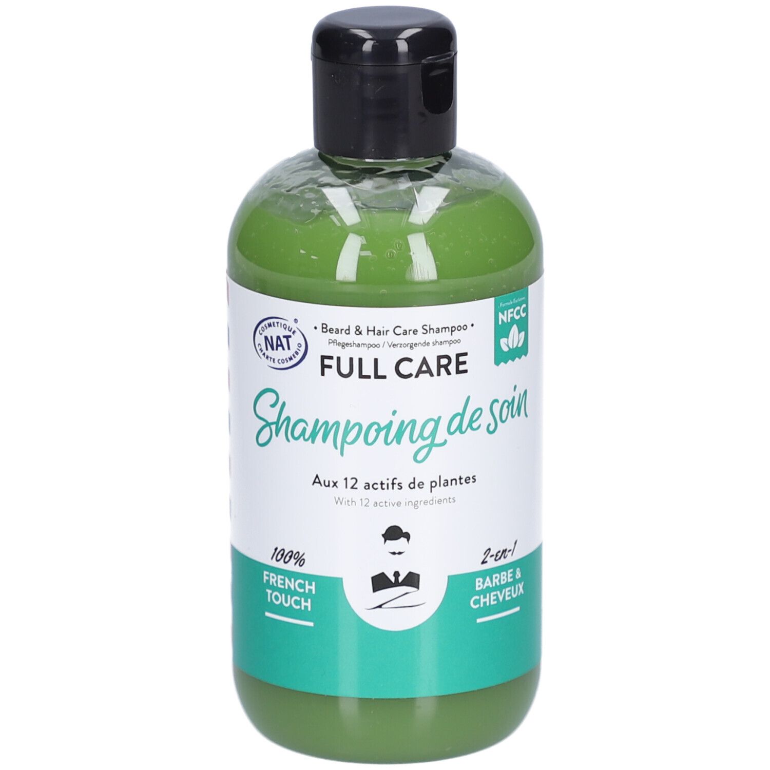 Shampoo verde in flacone trasparente con tappo nero. Scritta: FULL CARE, 2-in-1 Shampoo barba e capelli.