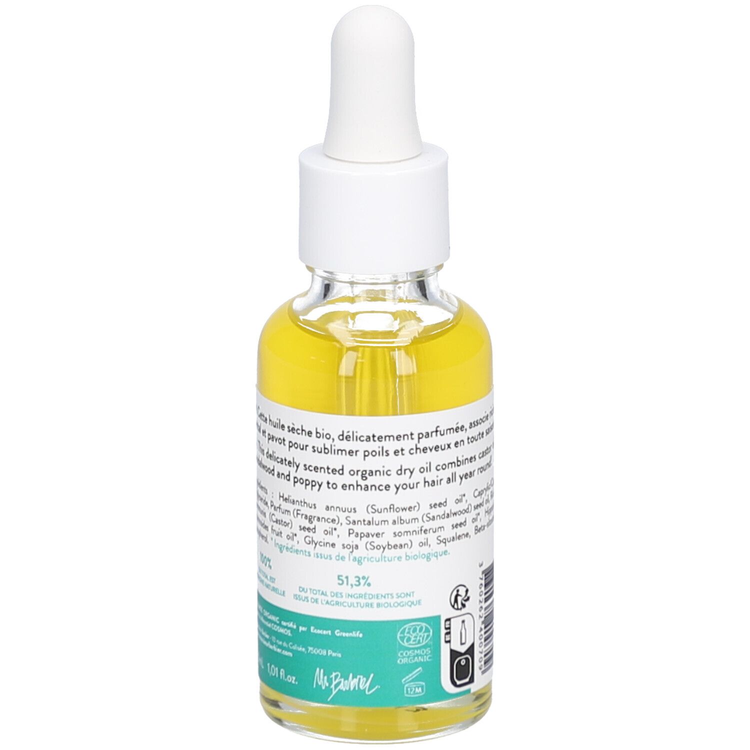 Flacone in vetro con olio giallo e contagocce. Certificazione bio. Testo: Huile sèche, ingredienti, 51,3% biologico.
