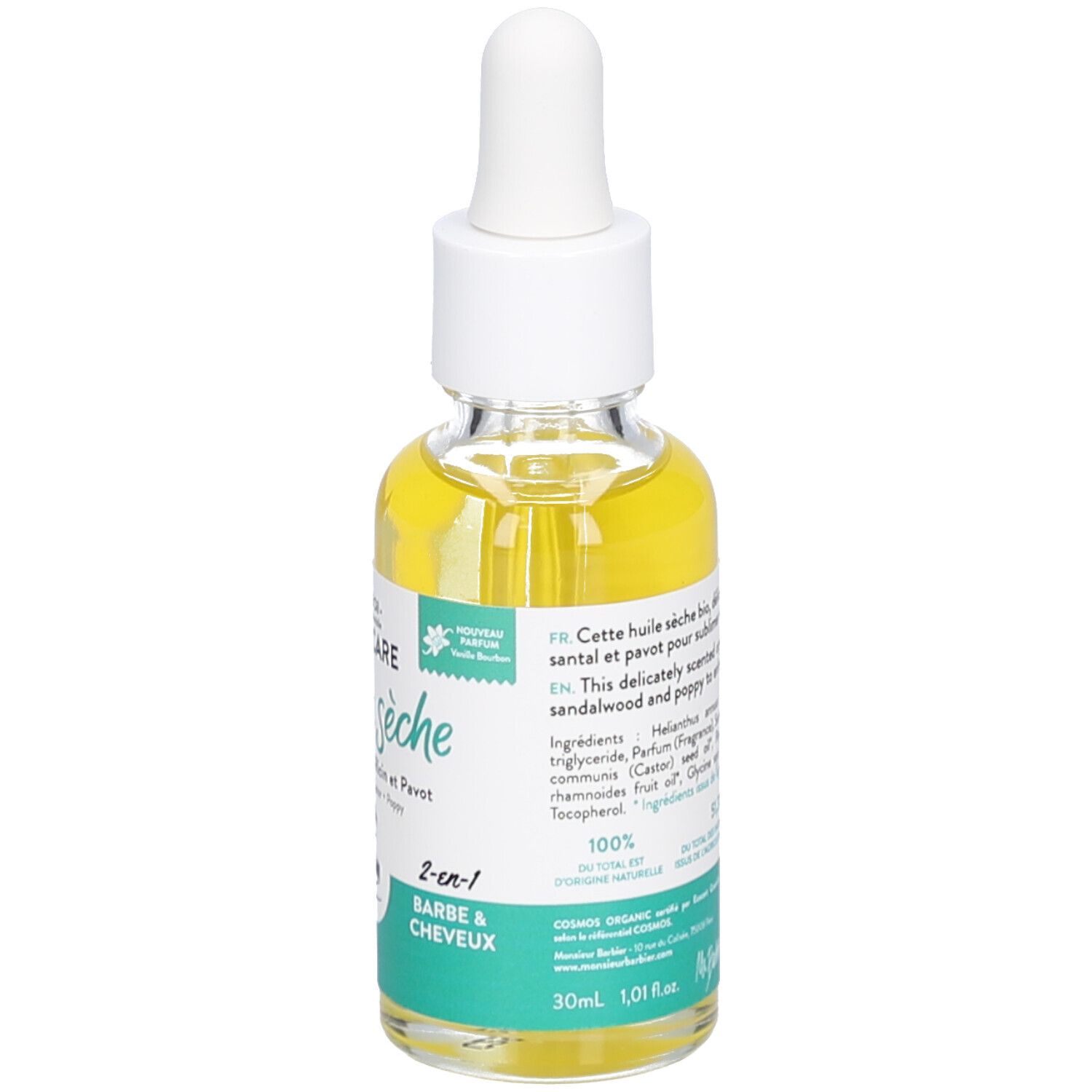 Flacone in vetro con olio giallo e contagocce. Testo: Huile sèche, 2-en-1 Barbe & Cheveux, 30ml, 1,01 fl oz.