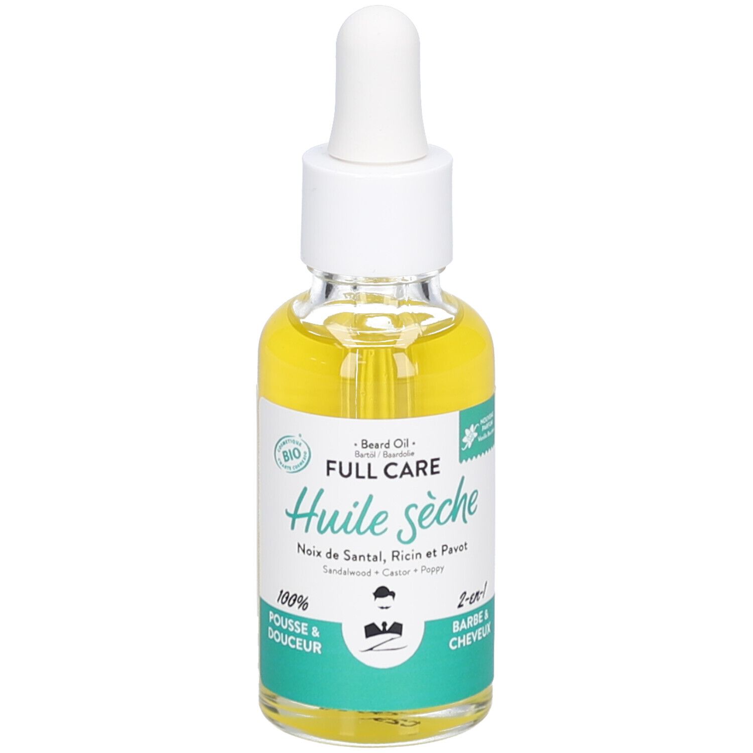 Flacone in vetro con olio giallo e contagocce. Testo: Huile sèche, Noix de Santal, Ricin et Pavot, 2-en-1 Barbe & Cheveux.