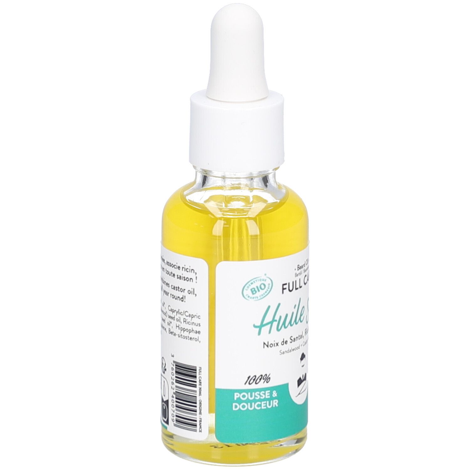 Flacone in vetro con olio giallo e contagocce. Certificazione bio. Testo: Huile sèche, 100% Pousse & douceur.