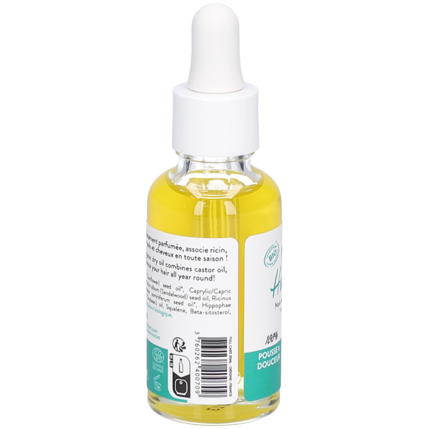 Flacone in vetro con olio giallo e contagocce. Certificazione bio. Testo: Huile sèche, ingredienti, 100% Pousse & douceur.