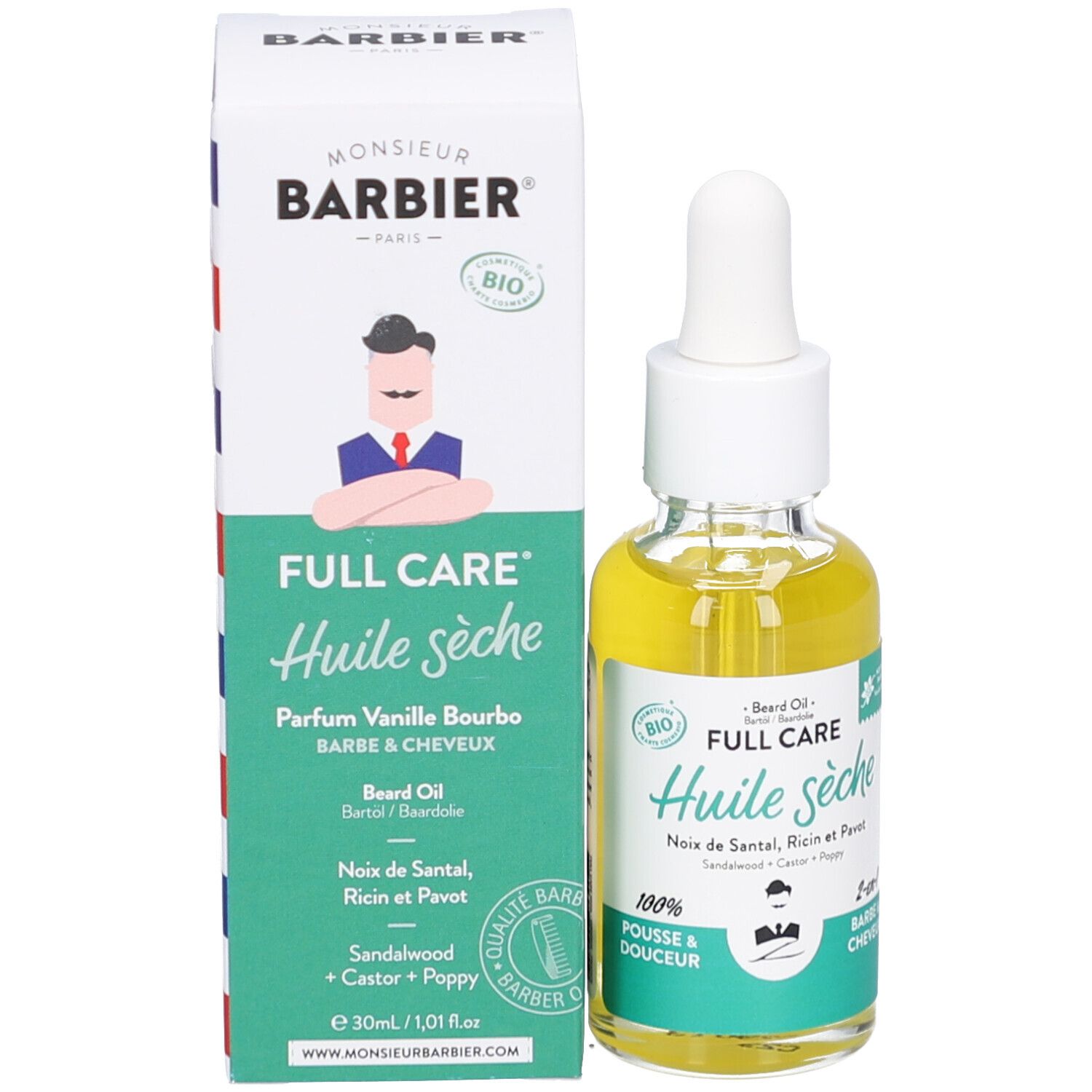 Confezione e flacone di olio giallo con contagocce. Testo: Monsieur BARBIER, Huile sèche, 30ml.