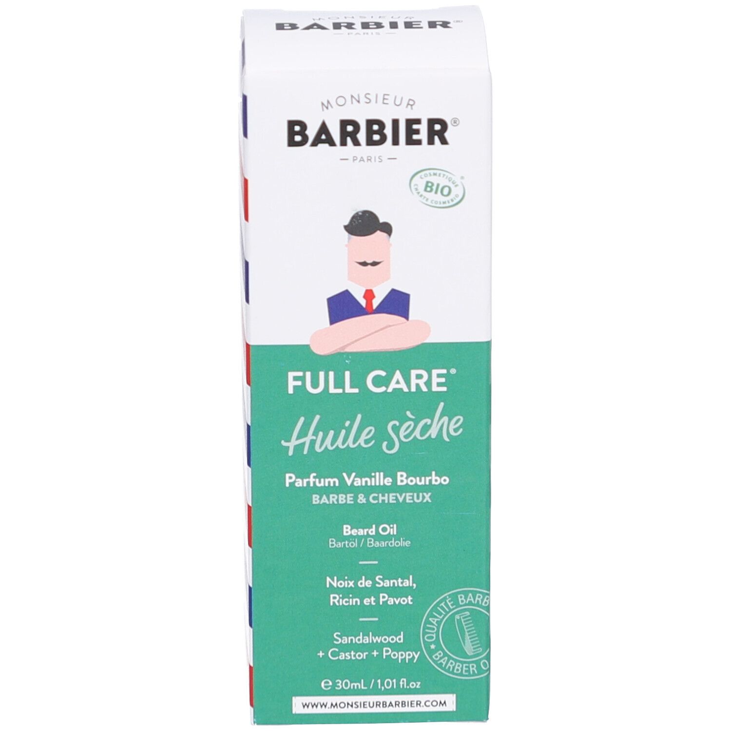 Confezione. Testo: Monsieur BARBIER, Huile sèche, Parfum Vanille Bourbo, Barbe & Cheveux, 30ml.