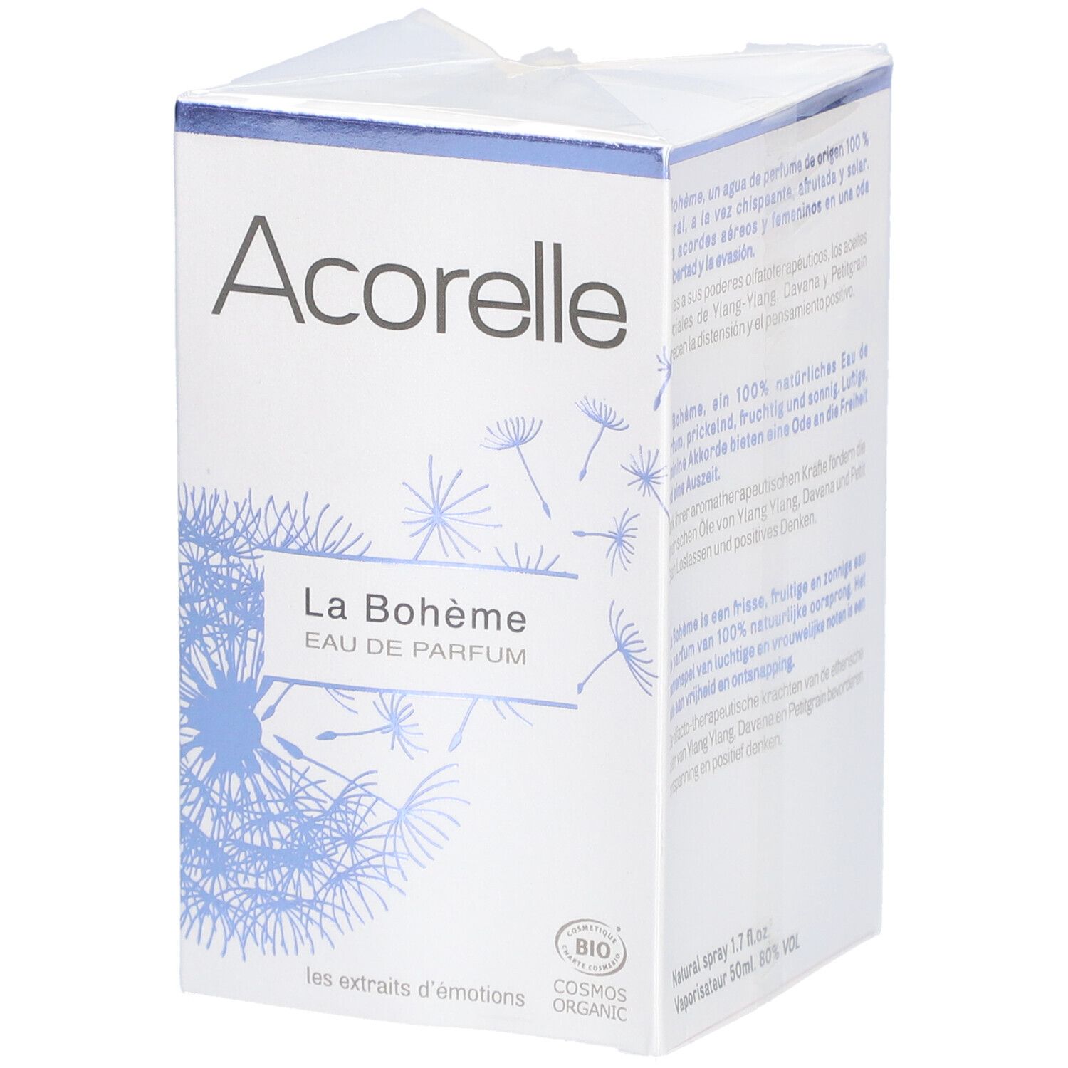 Confezione bianca Acorelle La Bohème. Scritta: La Bohème, Eau de Parfum. Logo bio. Grafica blu. Testo multilingue.