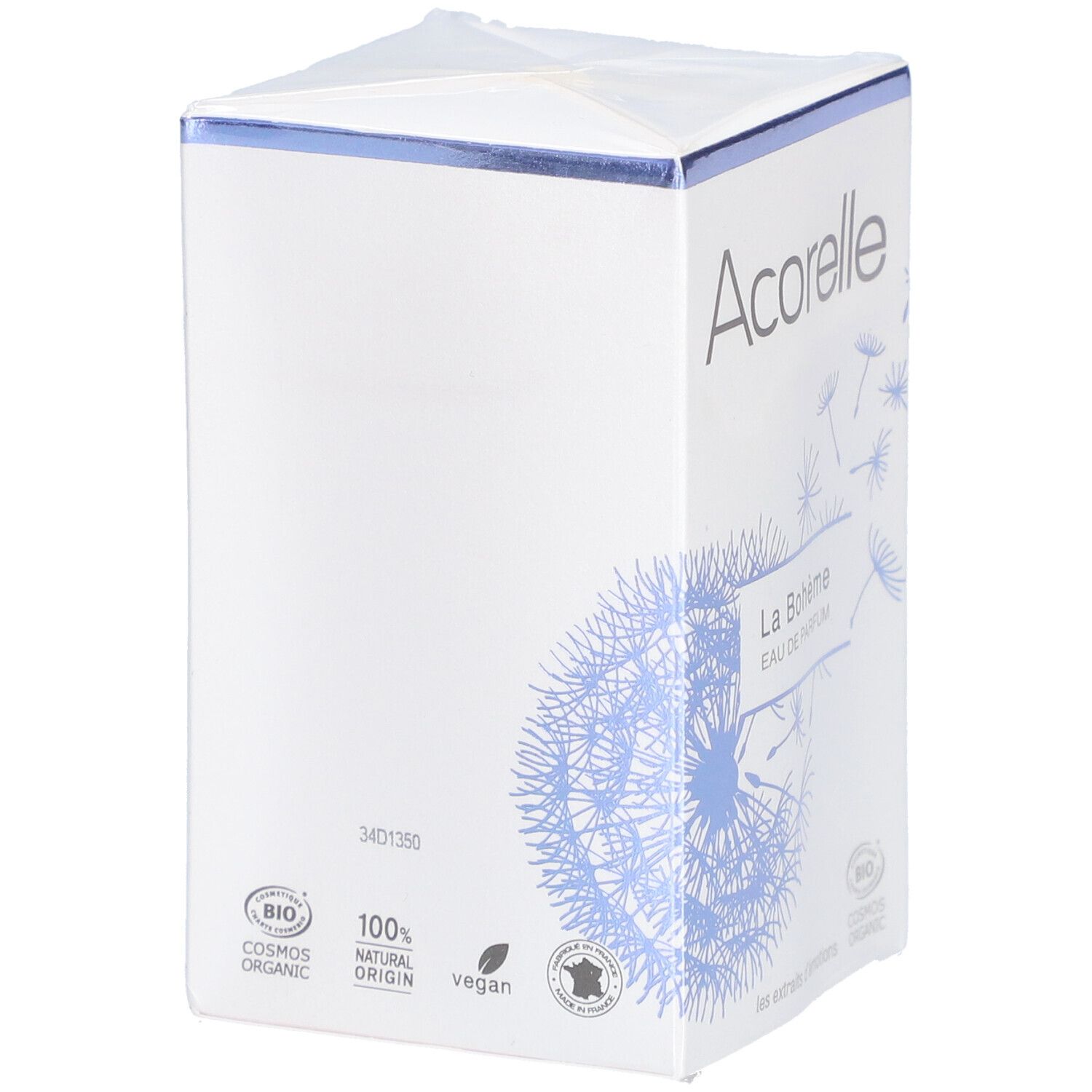 Confezione Acorelle La Bohème. Bianca, grafica blu. Loghi: Bio, 100% Natural Origin, Vegan. Scritta: 3401350.