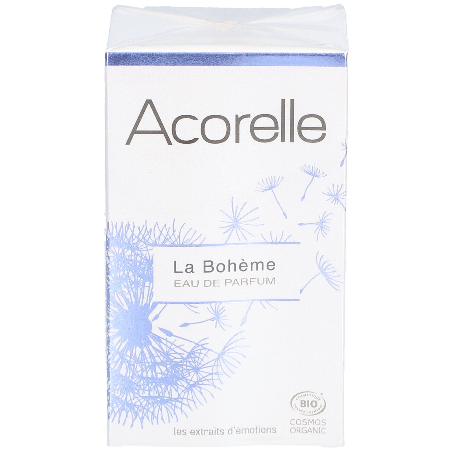 Confezione Acorelle La Bohème Eau de Parfum. Bianca, grafica blu. Scritta: La Bohème, Eau de Parfum. Logo bio.