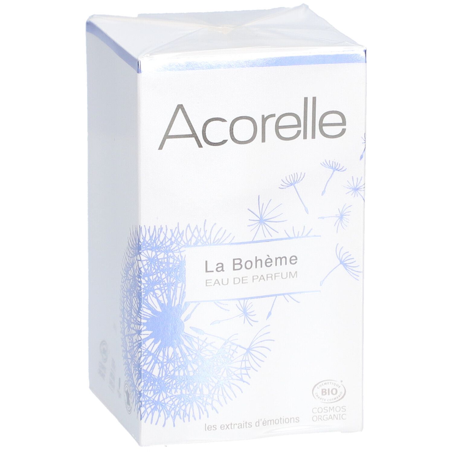 Confezione Acorelle La Bohème Eau de Parfum. Bianca, testo argento. Scritta: La Bohème, Eau de Parfum. Logo bio.