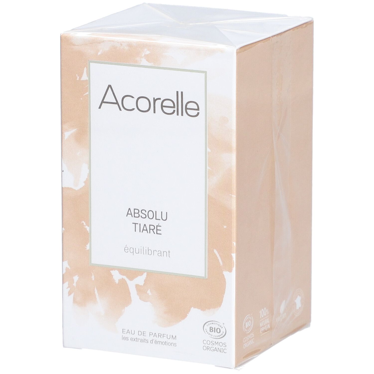 Acorelle Eau de Parfum Absolu Tiaré. Confezione beige con etichetta bianca. Certificazione bio.