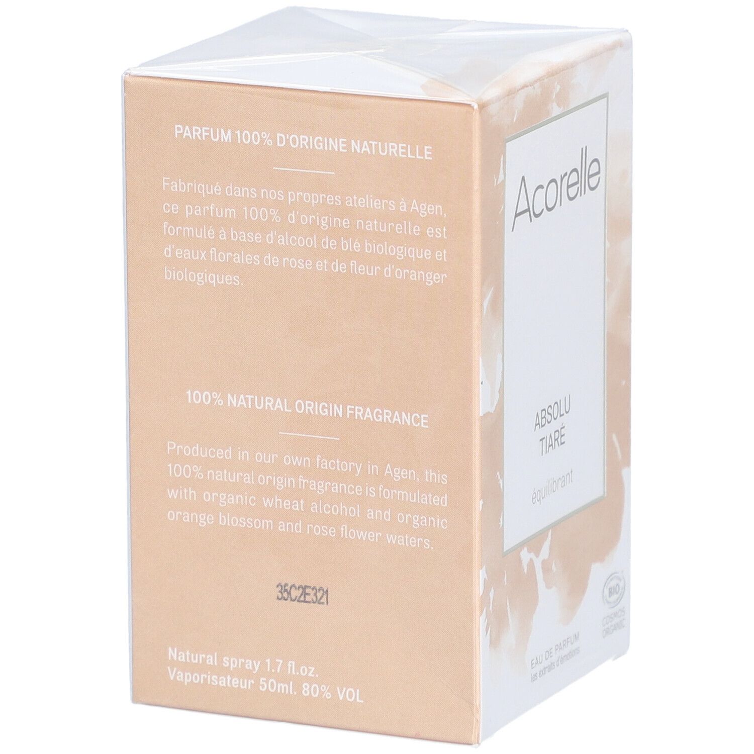 Retro confezione Acorelle Eau de Parfum Absolu Tiaré. Testo sugli ingredienti naturali e origine.