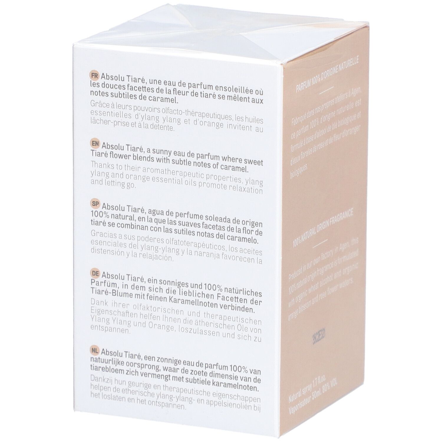 Confezione Acorelle Eau de Parfum Absolu Tiaré. Testo multilingue sul lato. Certificazione bio.