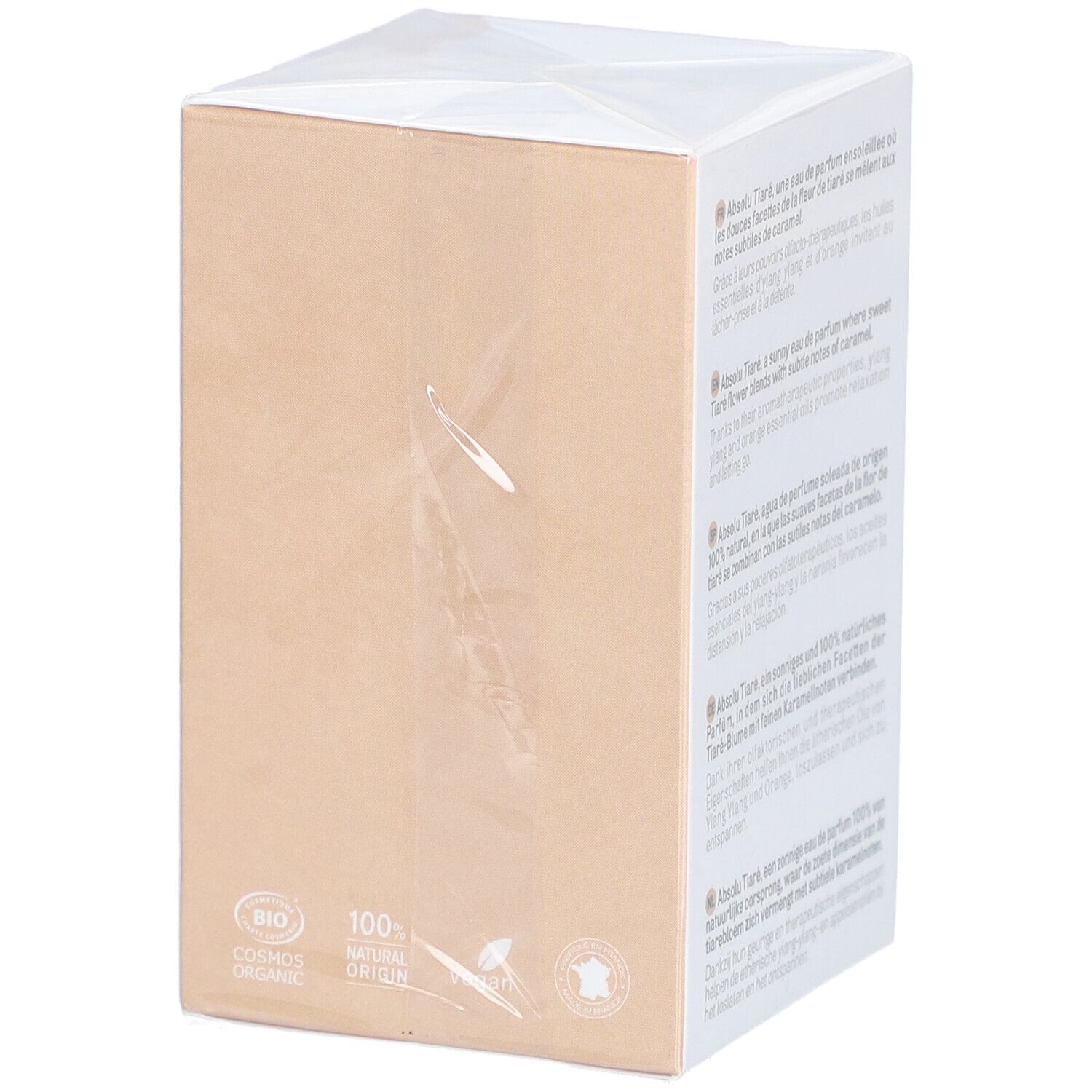 Confezione Acorelle Eau de Parfum Absolu Tiaré. Pellicola trasparente. Certificazione bio.