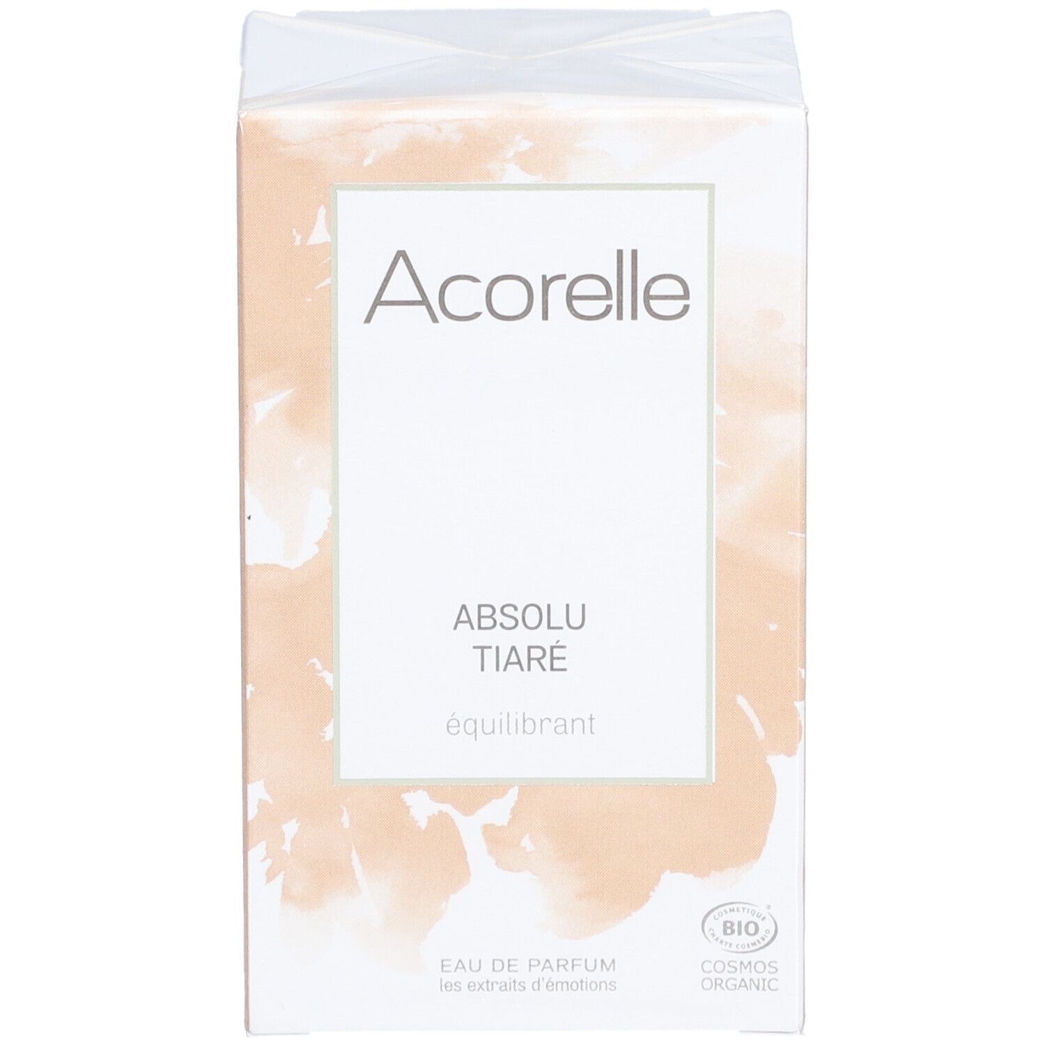 Acorelle Eau de Parfum Absolu Tiaré. Confezione beige con etichetta bianca. Certificazione bio.