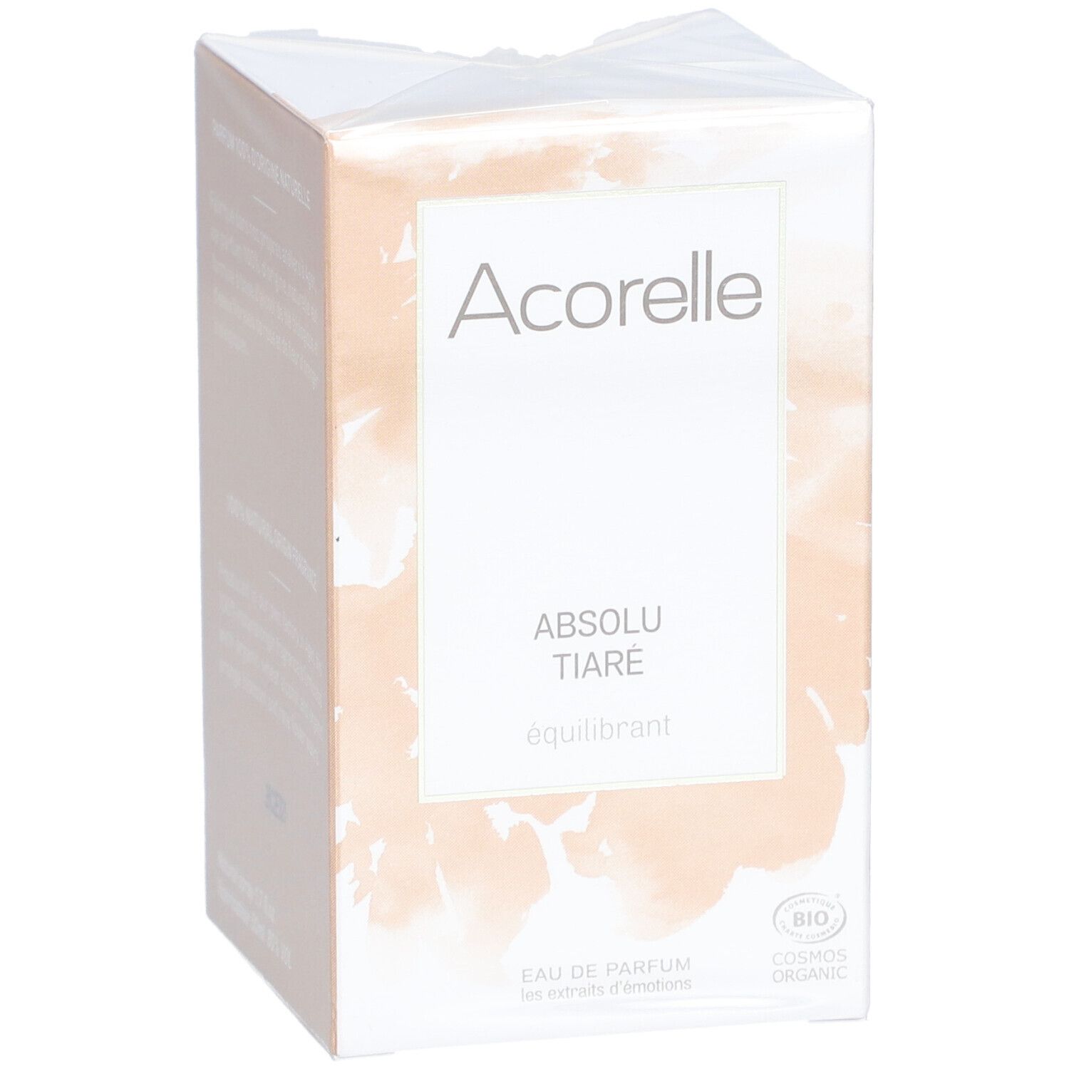 Acorelle Eau de Parfum Absolu Tiaré. Confezione beige con etichetta bianca. Certificazione bio.
