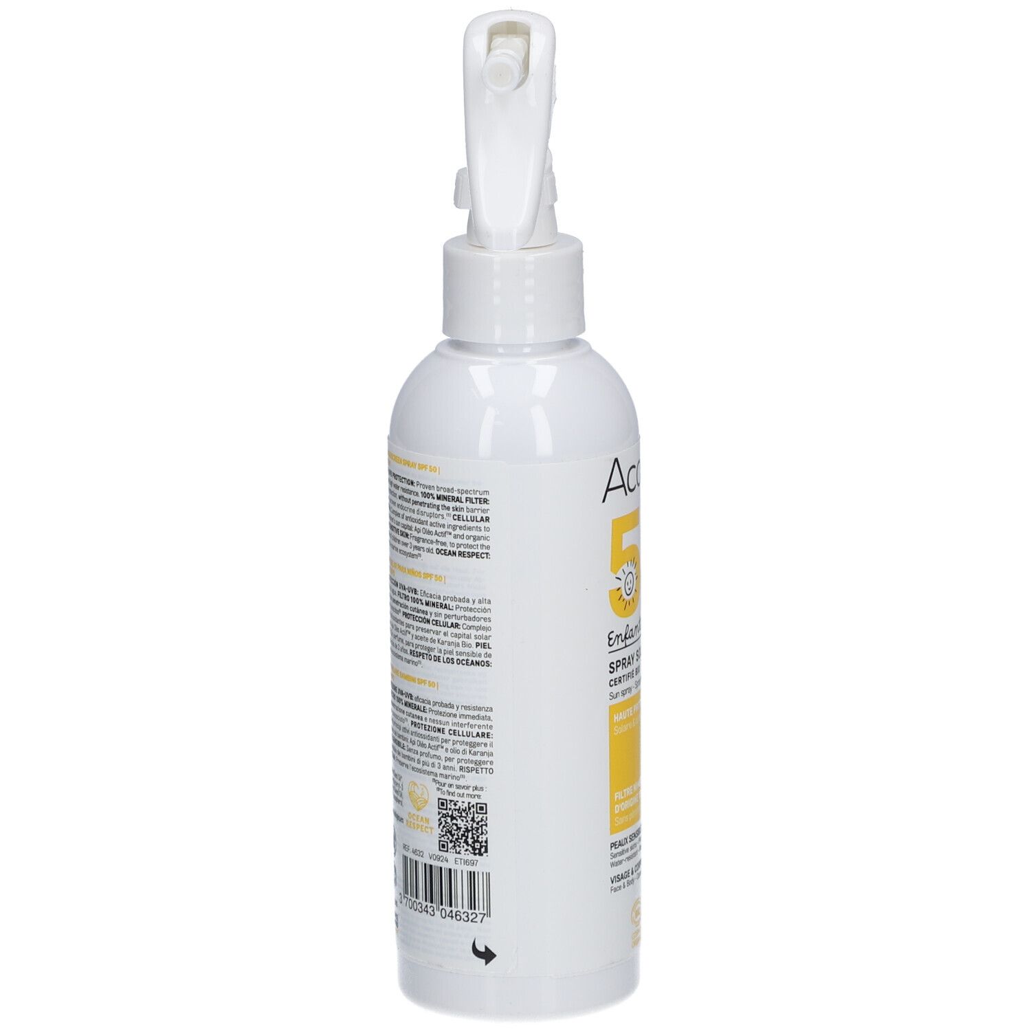 Flacone spray bianco, vista laterale. Testo giallo: Acorelle 50 SPF, Enfants/Kids, Spray Solaire. Certificazione bio. QR code.