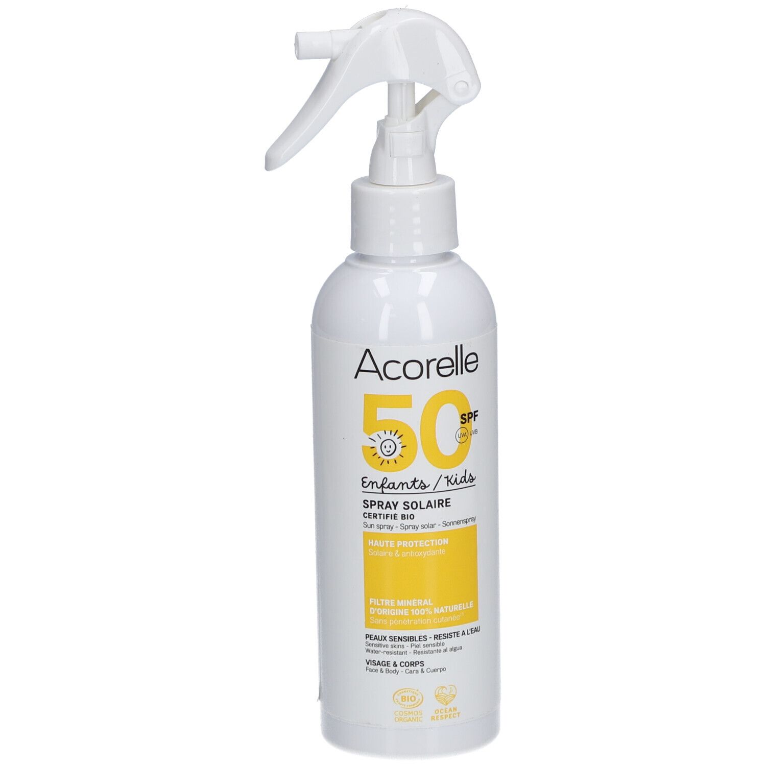 Flacone spray bianco con dettagli gialli. Scritta: Acorelle 50 SPF, Enfants/Kids, Spray Solaire. Certificazione bio.