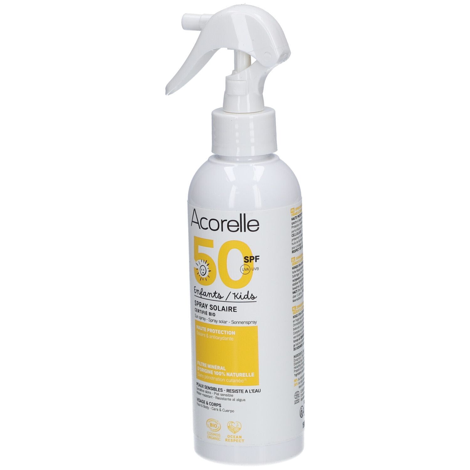Flacone spray bianco con dettagli gialli. Scritta: Acorelle 50 SPF, Enfants/Kids, Spray Solaire. Certificazione bio.