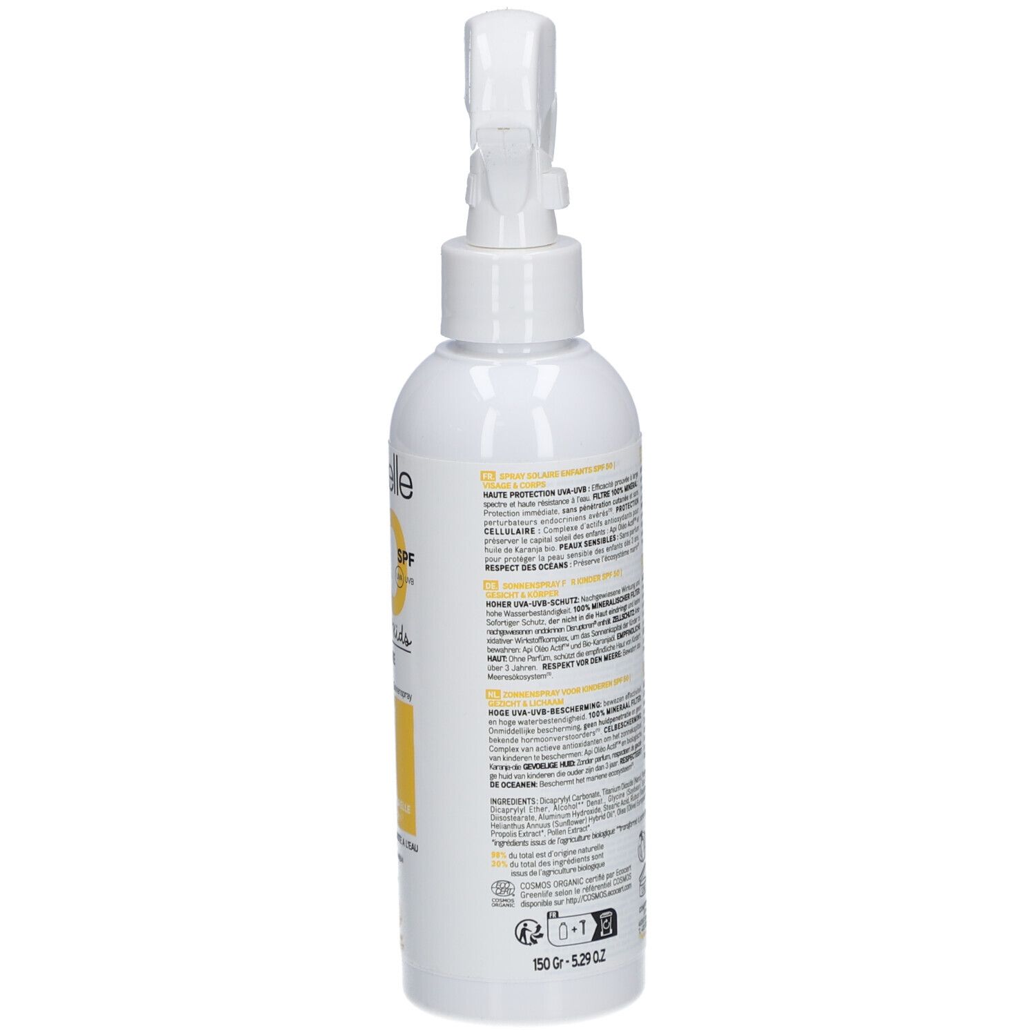 Retro del flacone spray bianco. Testo multilingue. Certificazione bio. Codice a barre e QR code.