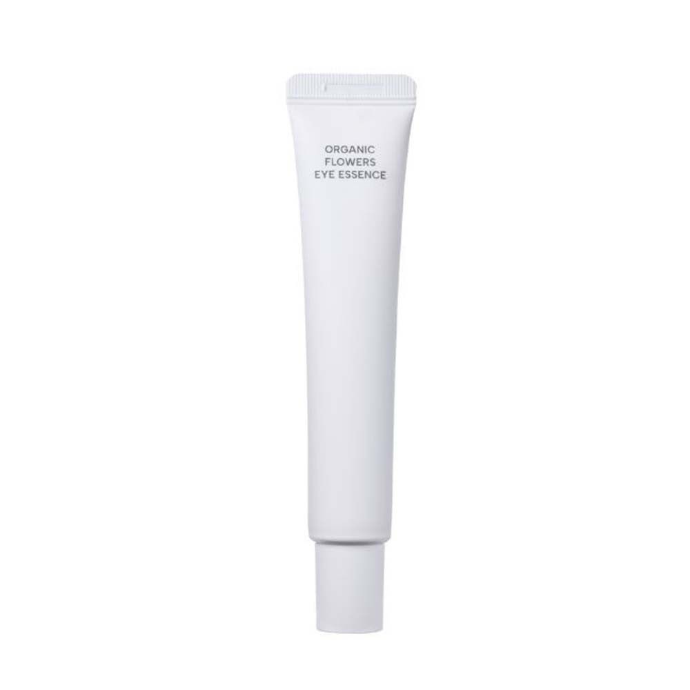 Tubo bianco con scritta ORGANIC FLOWERS EYE ESSENCE. Prodotto per il contorno occhi.