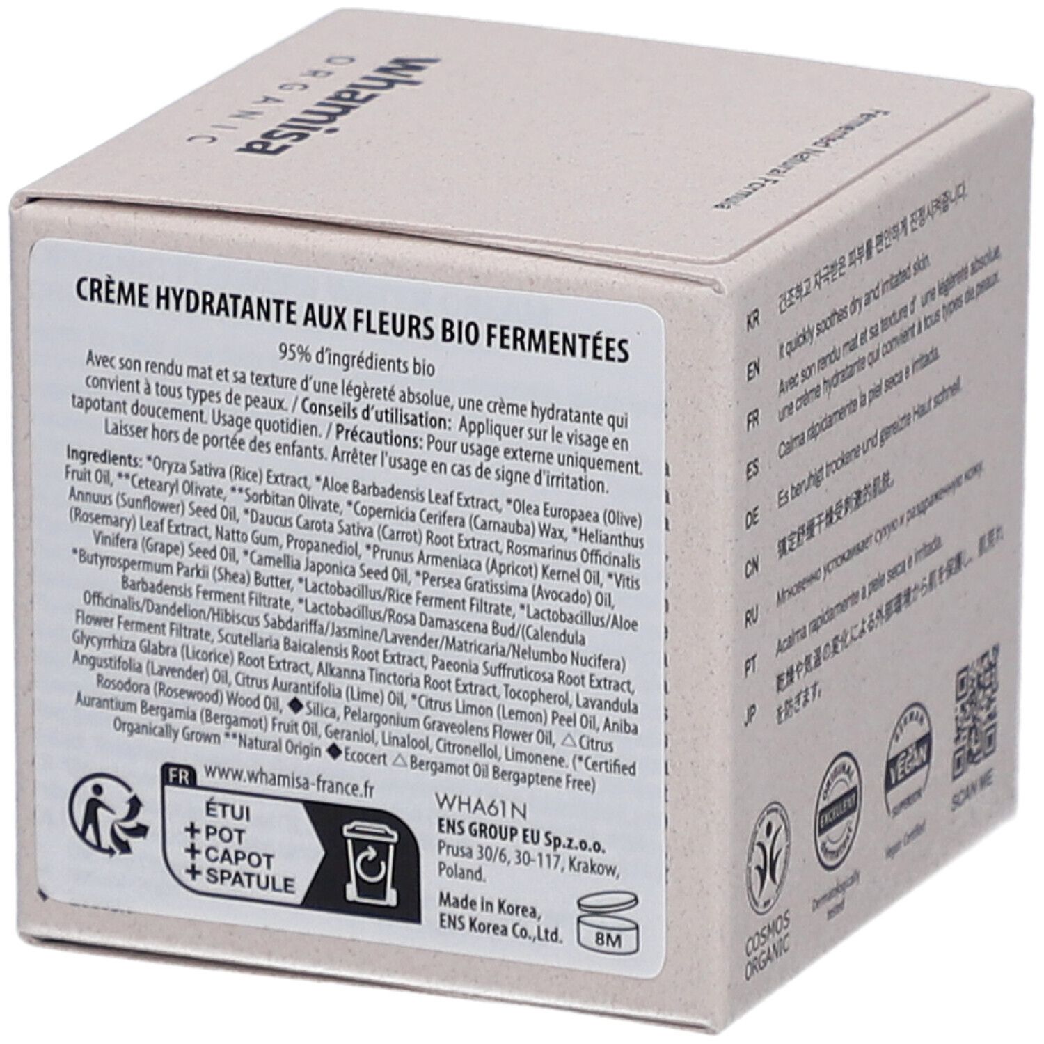 Confezione quadrata beige. Scritta: ORGANIC FLOWERS WATER CREAM. Testo in francese.