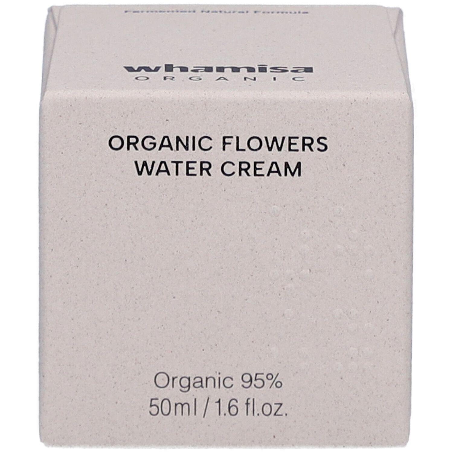 Confezione quadrata beige. Scritta: ORGANIC FLOWERS WATER CREAM. 50ml/1.6 fl.oz.