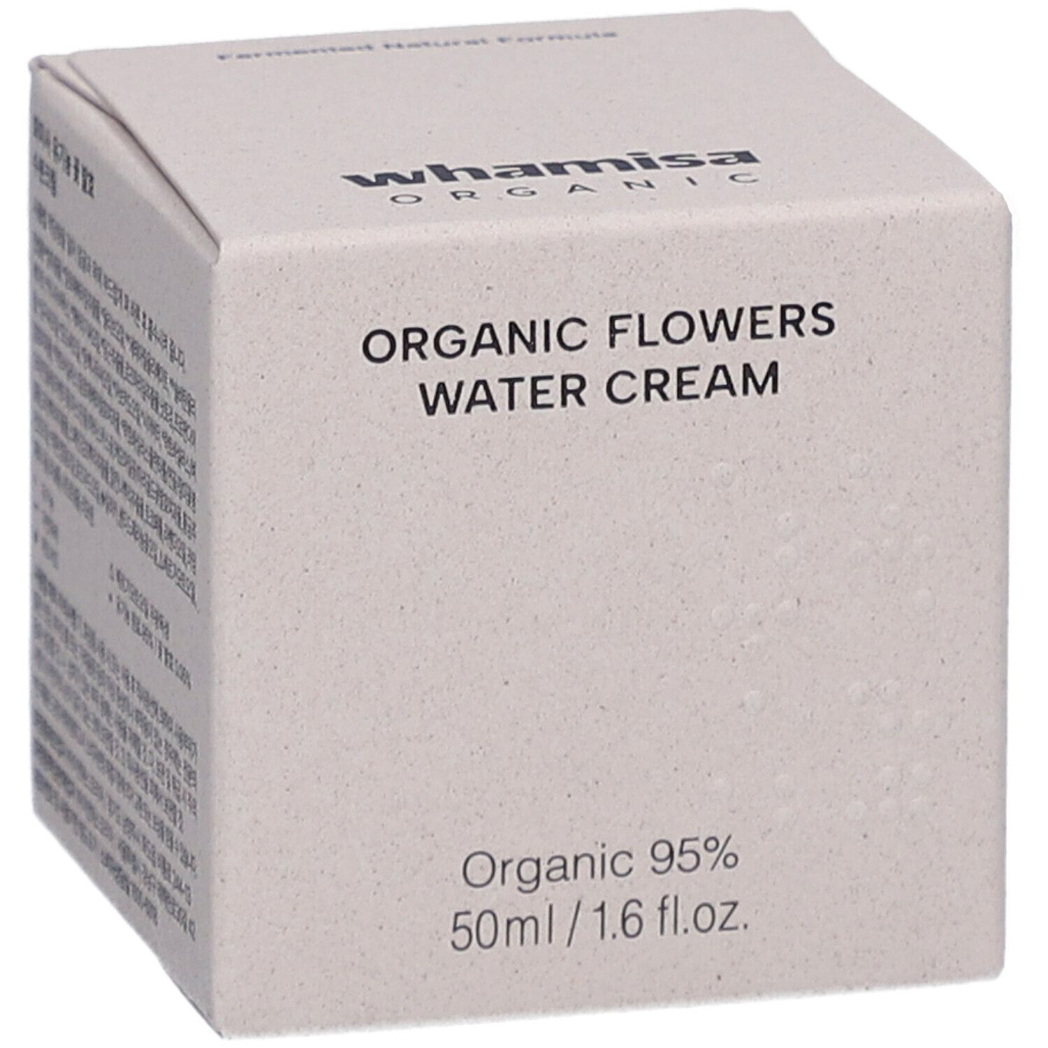 Confezione quadrata beige. Scritta: ORGANIC FLOWERS WATER CREAM. 50ml/1.6 fl.oz.