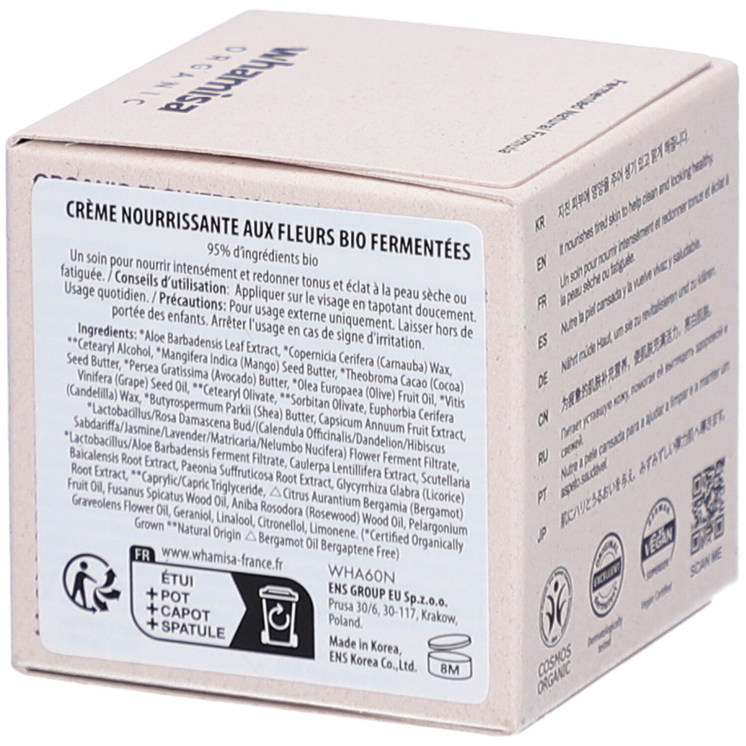 Scatola beige con testo multilingue. Scritta: ORGANIC FLOWERS NOURISHING CREAM. Marchio: Whamisa Organic.