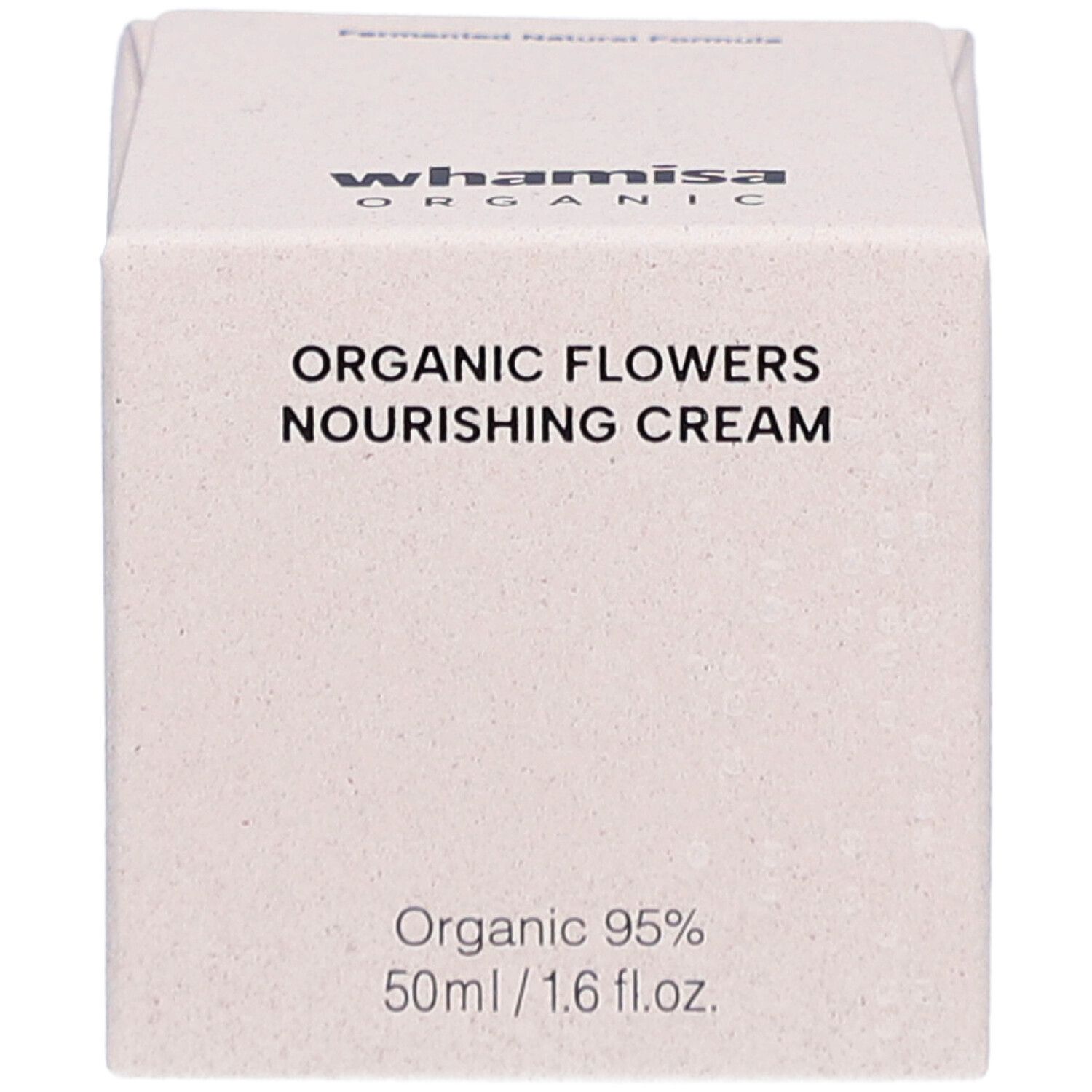 Scatola beige con scritta: ORGANIC FLOWERS NOURISHING CREAM. Marchio: Whamisa Organic. 50ml/1.6 fl.oz.