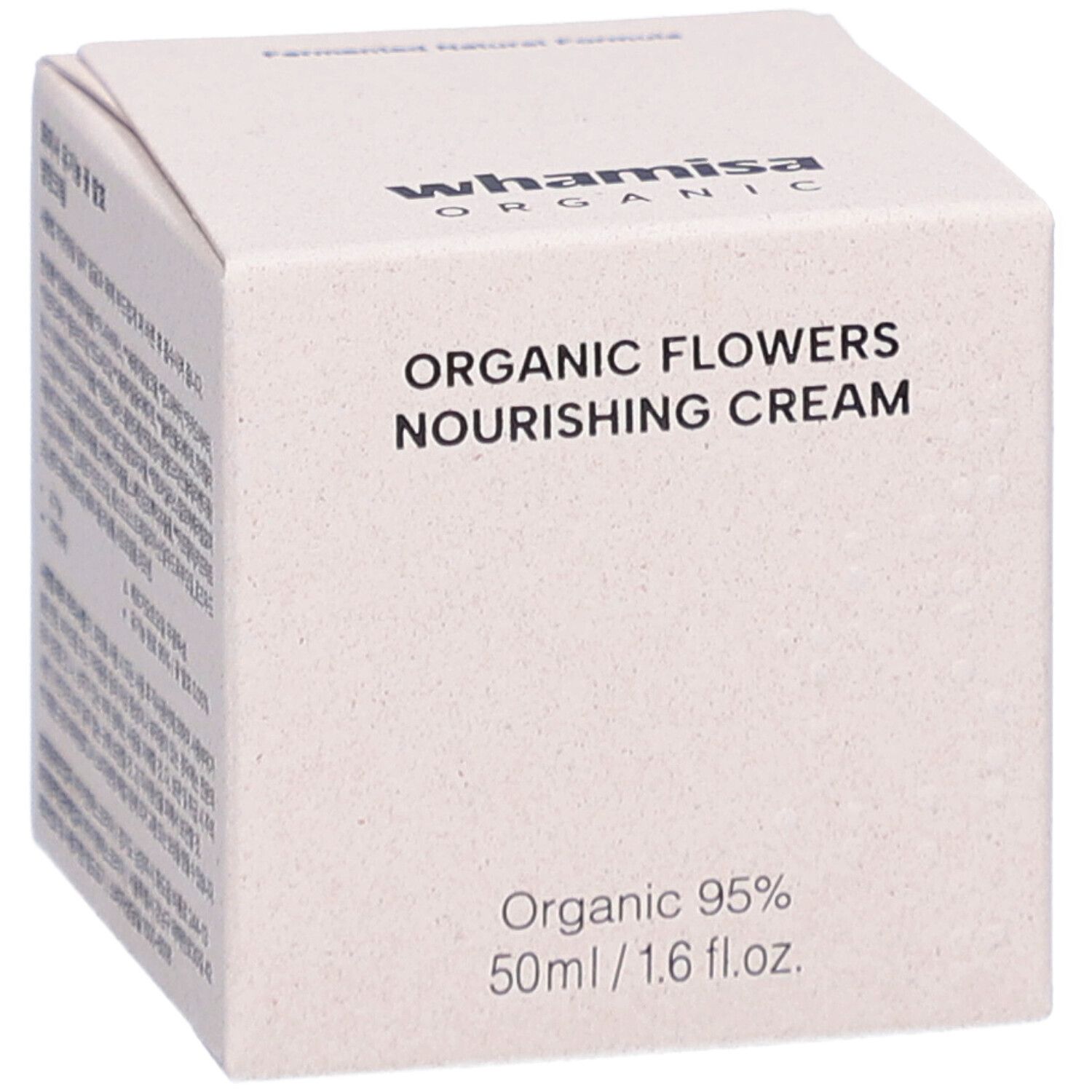 Scatola beige con scritta: ORGANIC FLOWERS NOURISHING CREAM. Marchio: Whamisa Organic. 50ml/1.6 fl.oz.