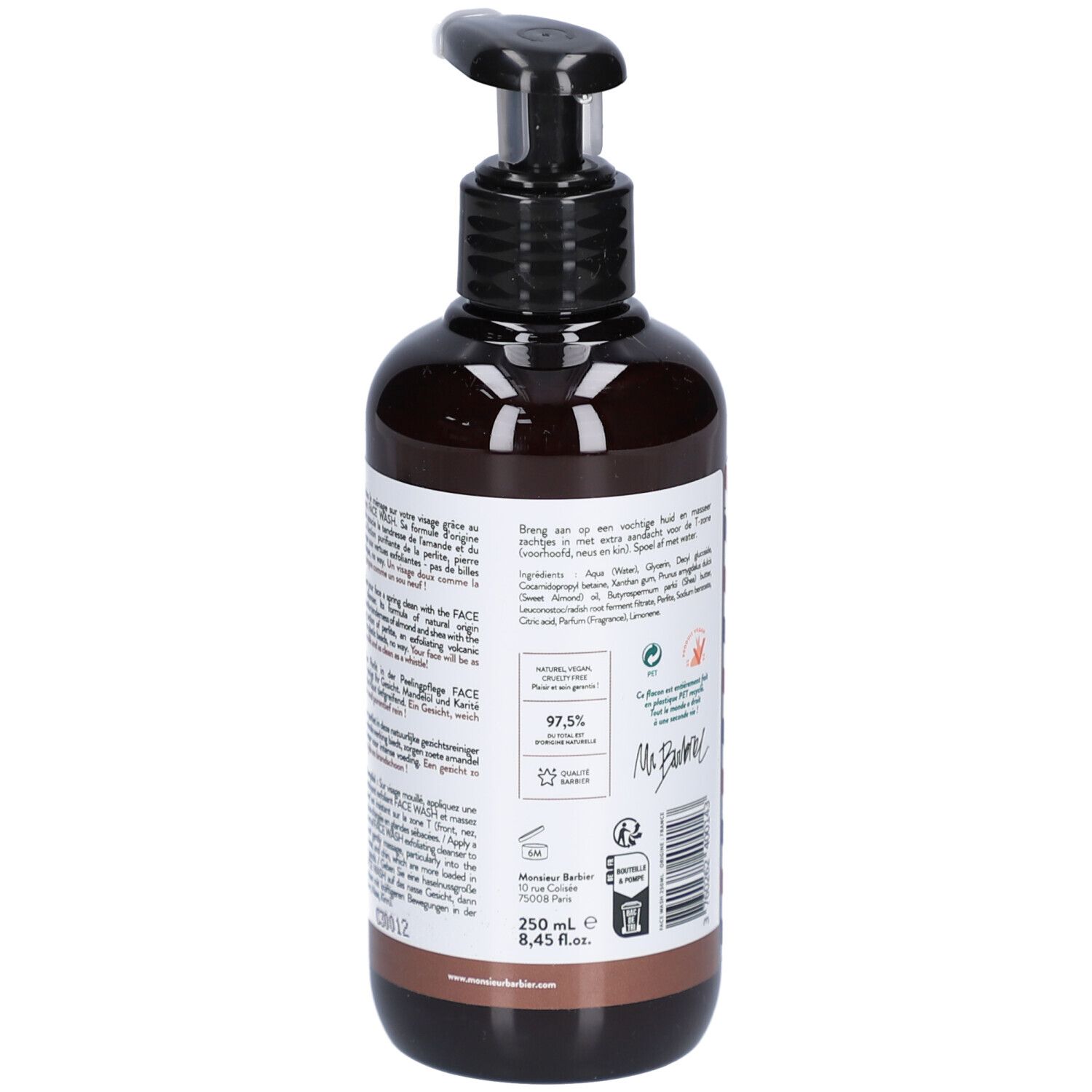 Retro di un flacone marrone con dosatore nero. Testo multilingue. Certificazioni e ingredienti.