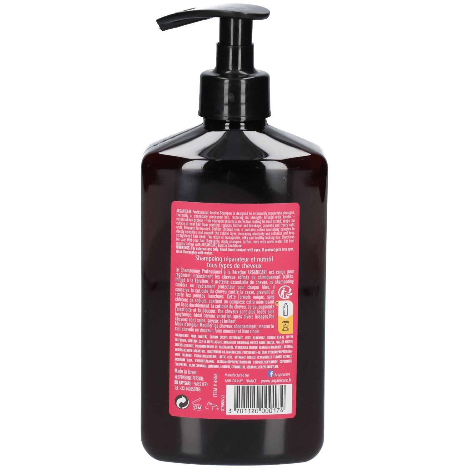 Retro del flacone di shampoo Arganicare Cheratina con erogatore a pompa, 400ml. Contiene ingredienti e istruzioni.