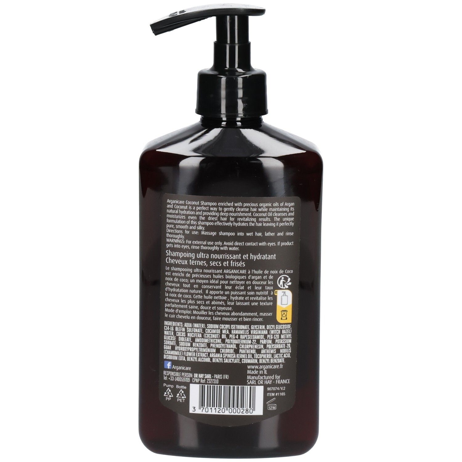 Retro di un flacone con erogatore di shampoo Arganicare al cocco con informazioni sul prodotto.