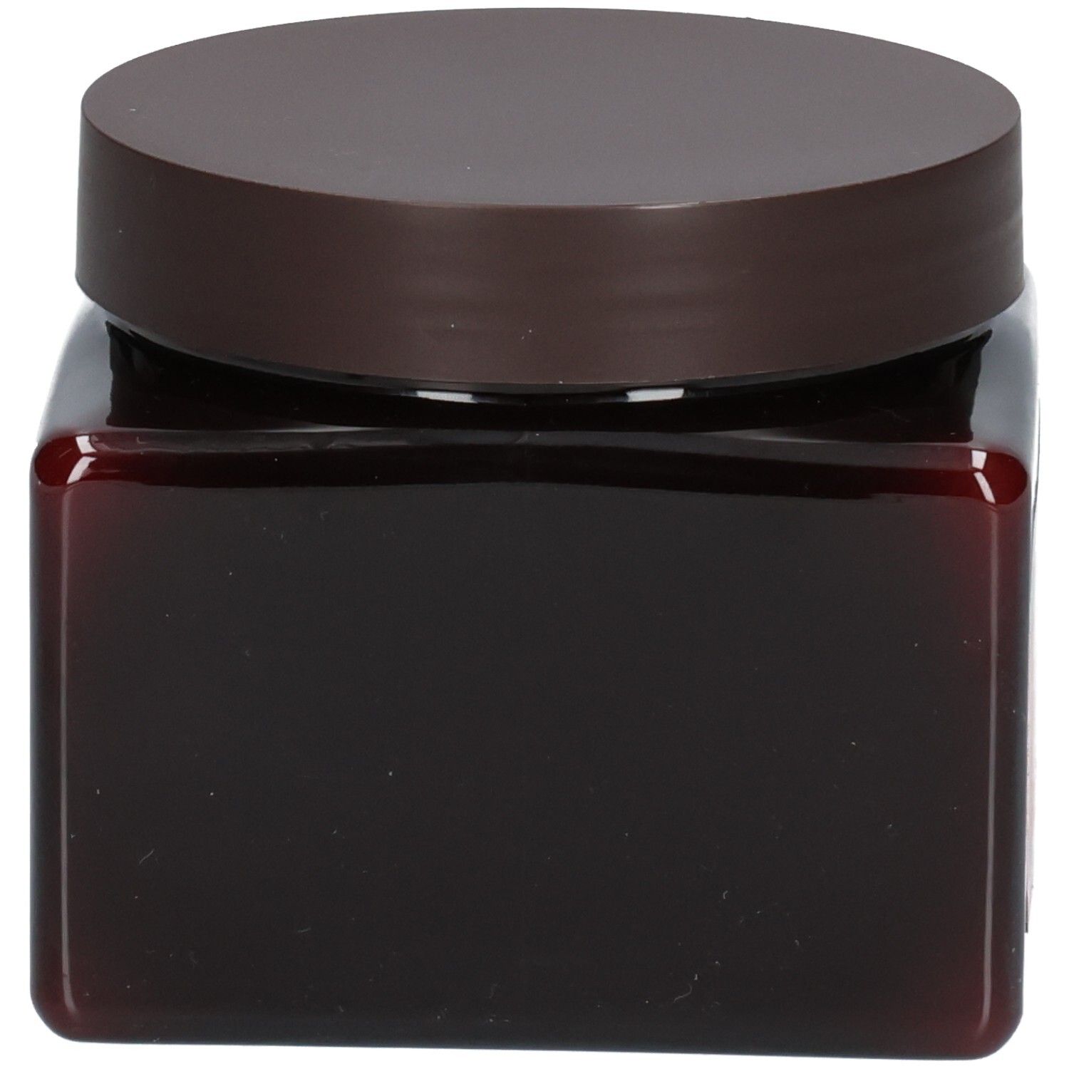 Retro di un barattolo marrone di Maschera per capelli alla cheratina Arganicare. Contiene informazioni dettagliate sul prodotto e sugli ingredienti.