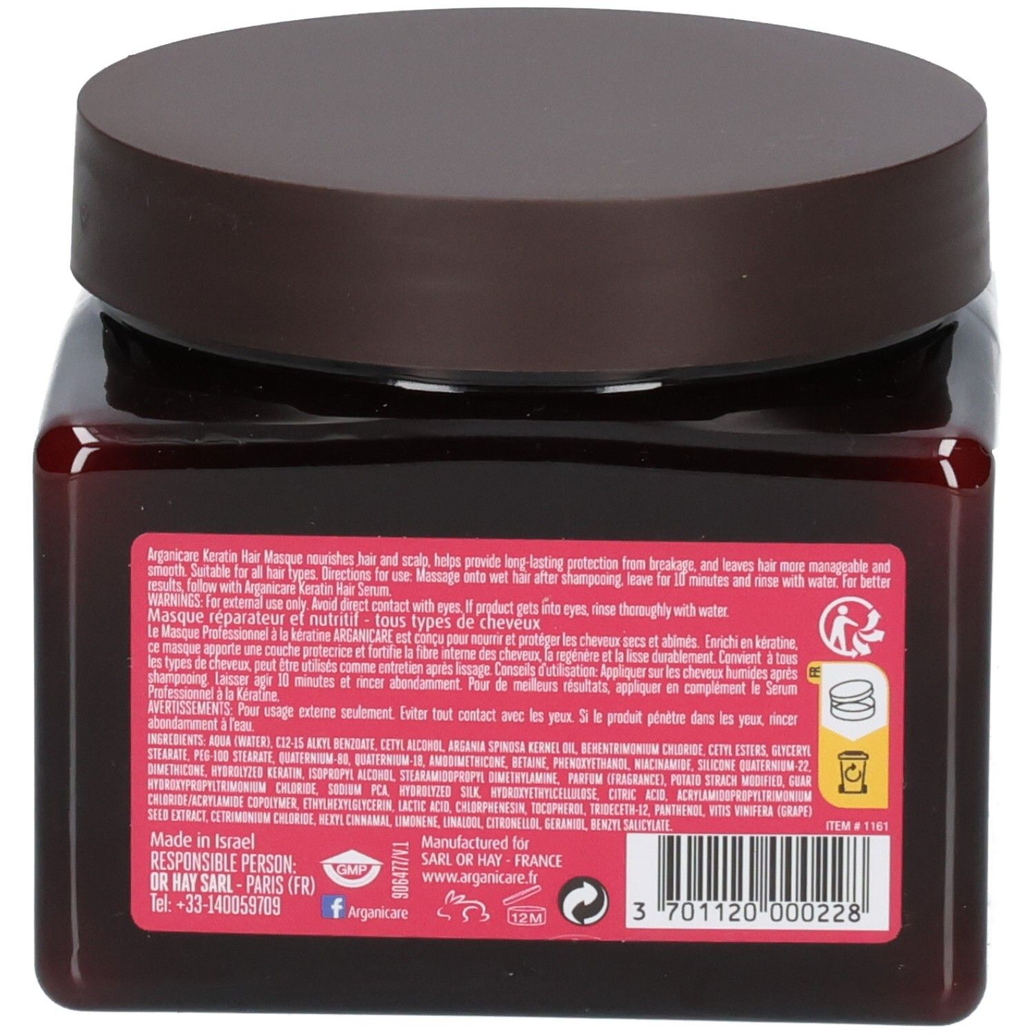 Retro di un barattolo marrone di Maschera per capelli alla cheratina Arganicare. Contiene informazioni dettagliate sul prodotto e sugli ingredienti.