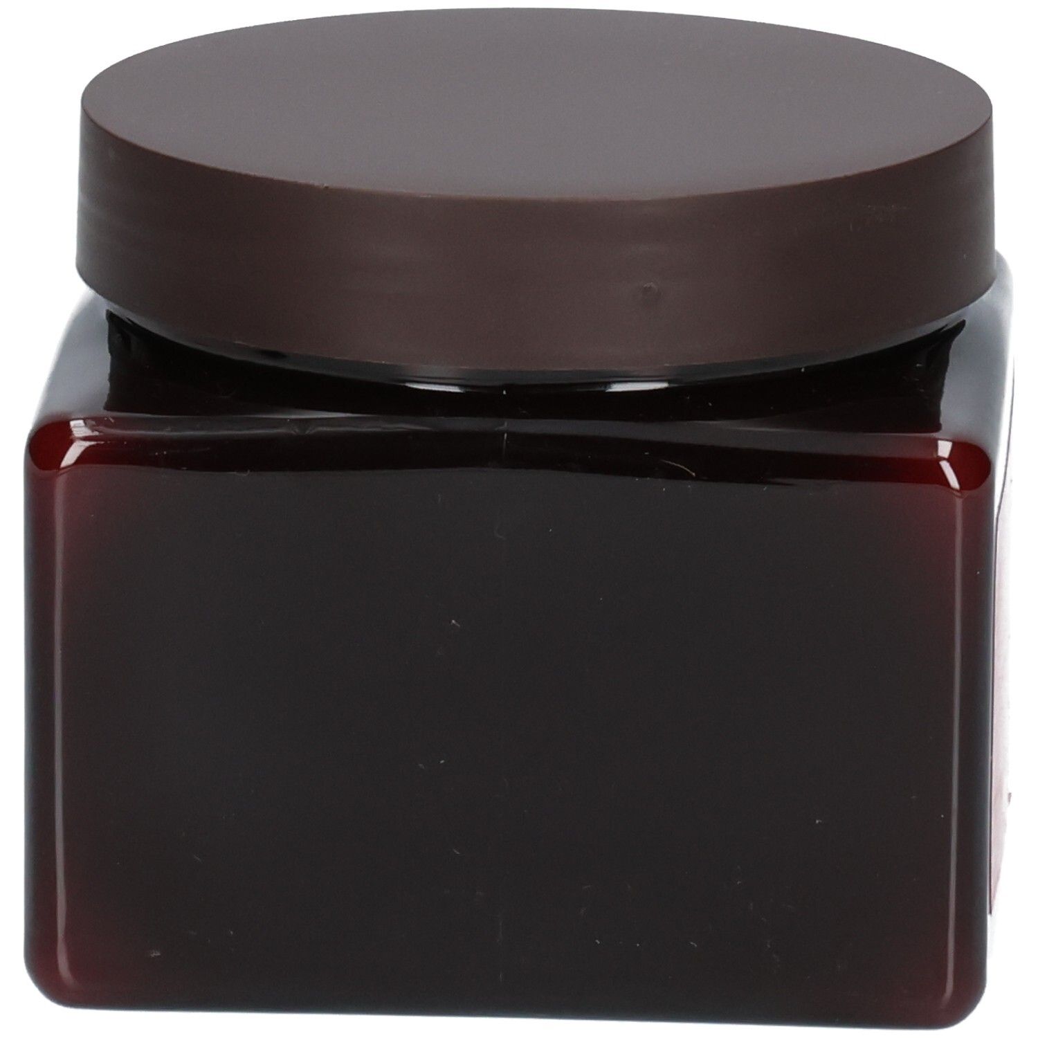 Un barattolo marrone vuoto con coperchio marrone, che conteneva la Maschera per capelli alla cheratina Arganicare.