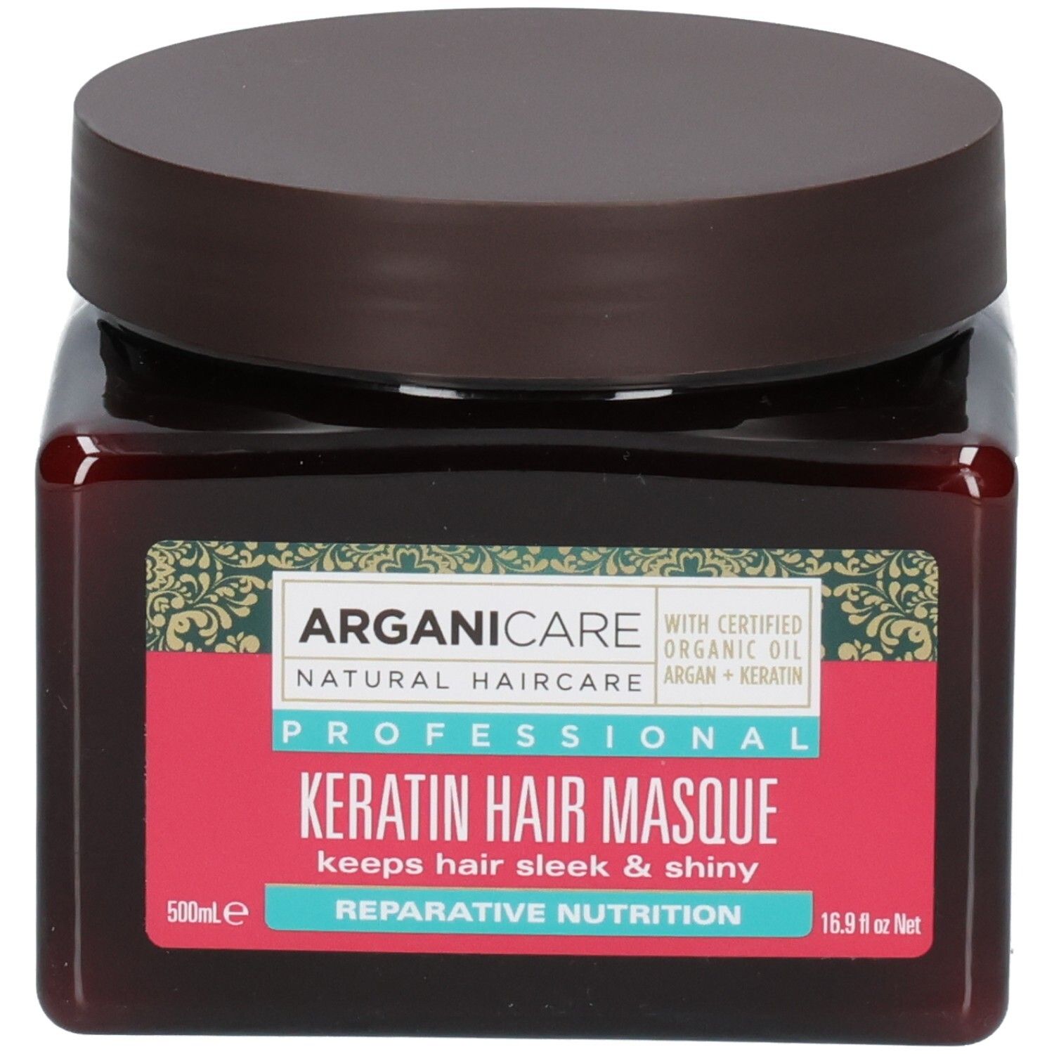 Maschera per capelli alla cheratina Arganicare in un barattolo marrone con coperchio marrone. Etichetta con informazioni sul prodotto.